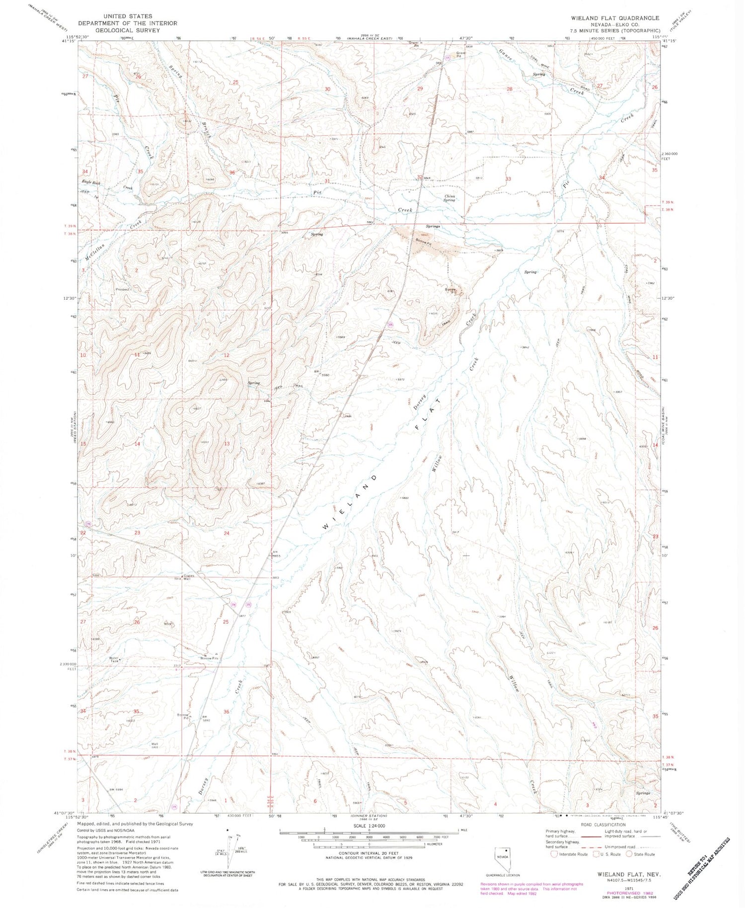 Classic USGS Wieland Flat Nevada 7.5'x7.5' Topo Map Image