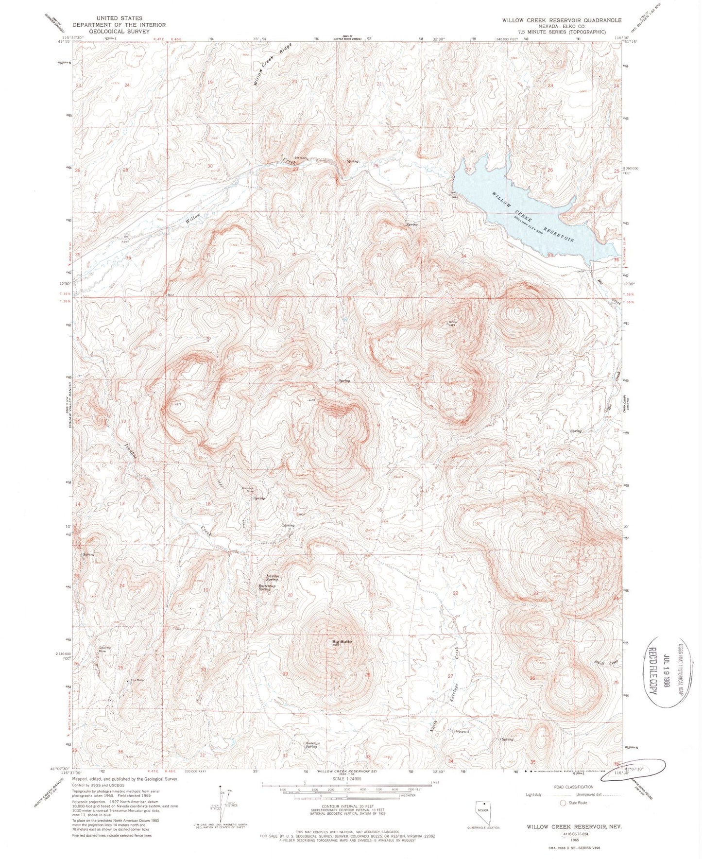 Classic USGS Willow Creek Reservoir Nevada 7.5'x7.5' Topo Map Image