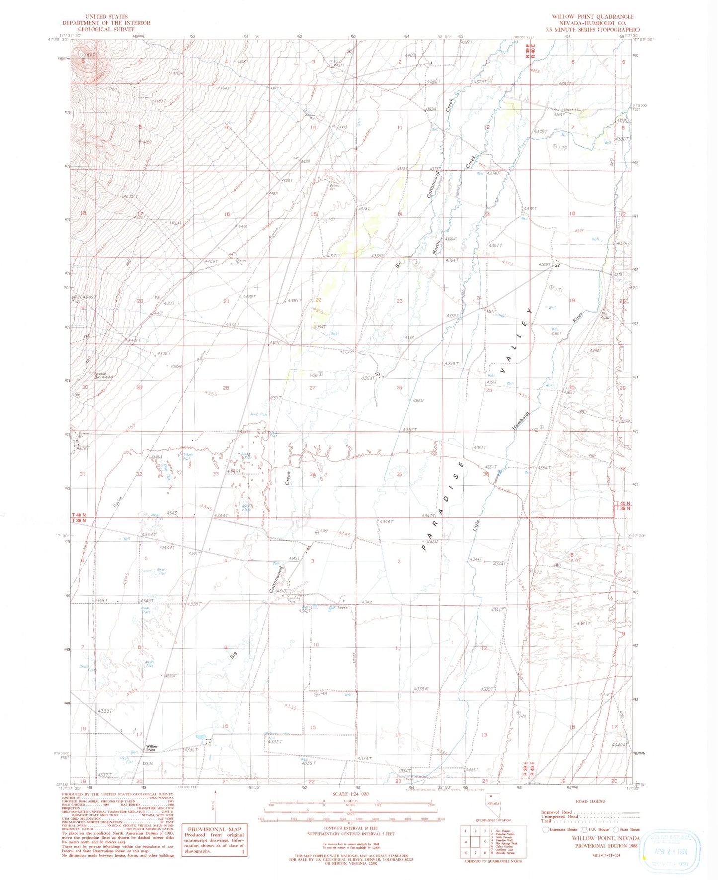 Classic USGS Willow Point Nevada 7.5'x7.5' Topo Map Image