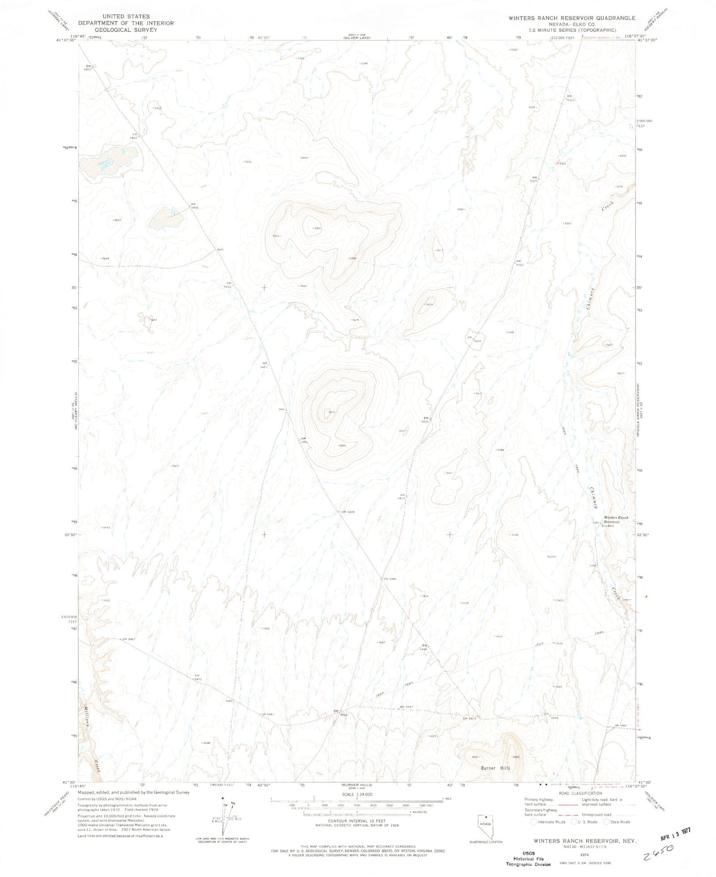 Classic USGS Winters Ranch Reservoir Nevada 7.5'x7.5' Topo Map Image