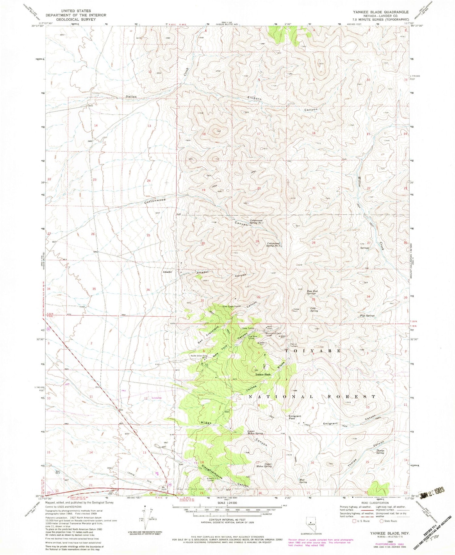 Classic USGS Yankee Blade Nevada 7.5'x7.5' Topo Map Image