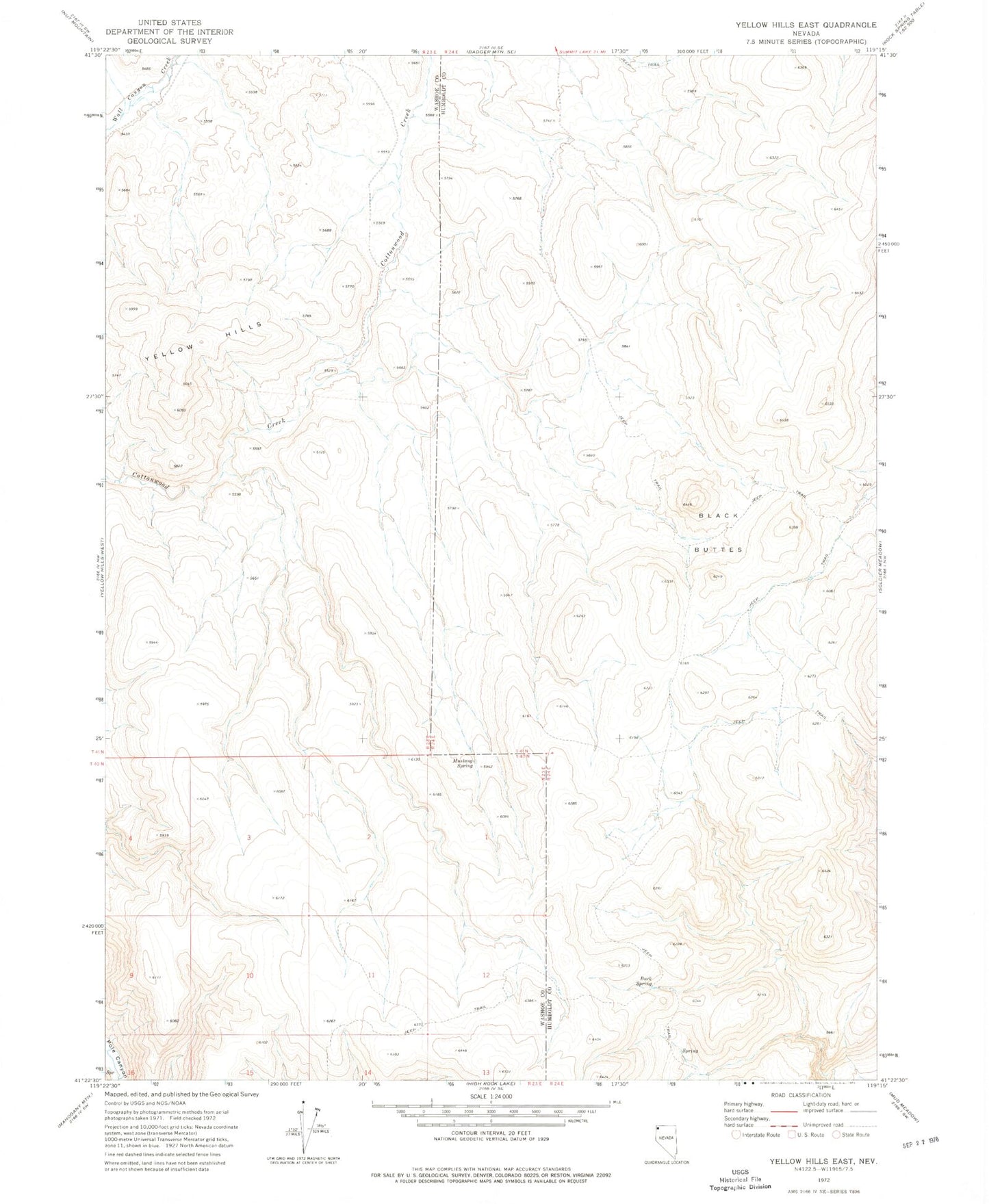 Classic USGS Yellow Hills East Nevada 7.5'x7.5' Topo Map Image