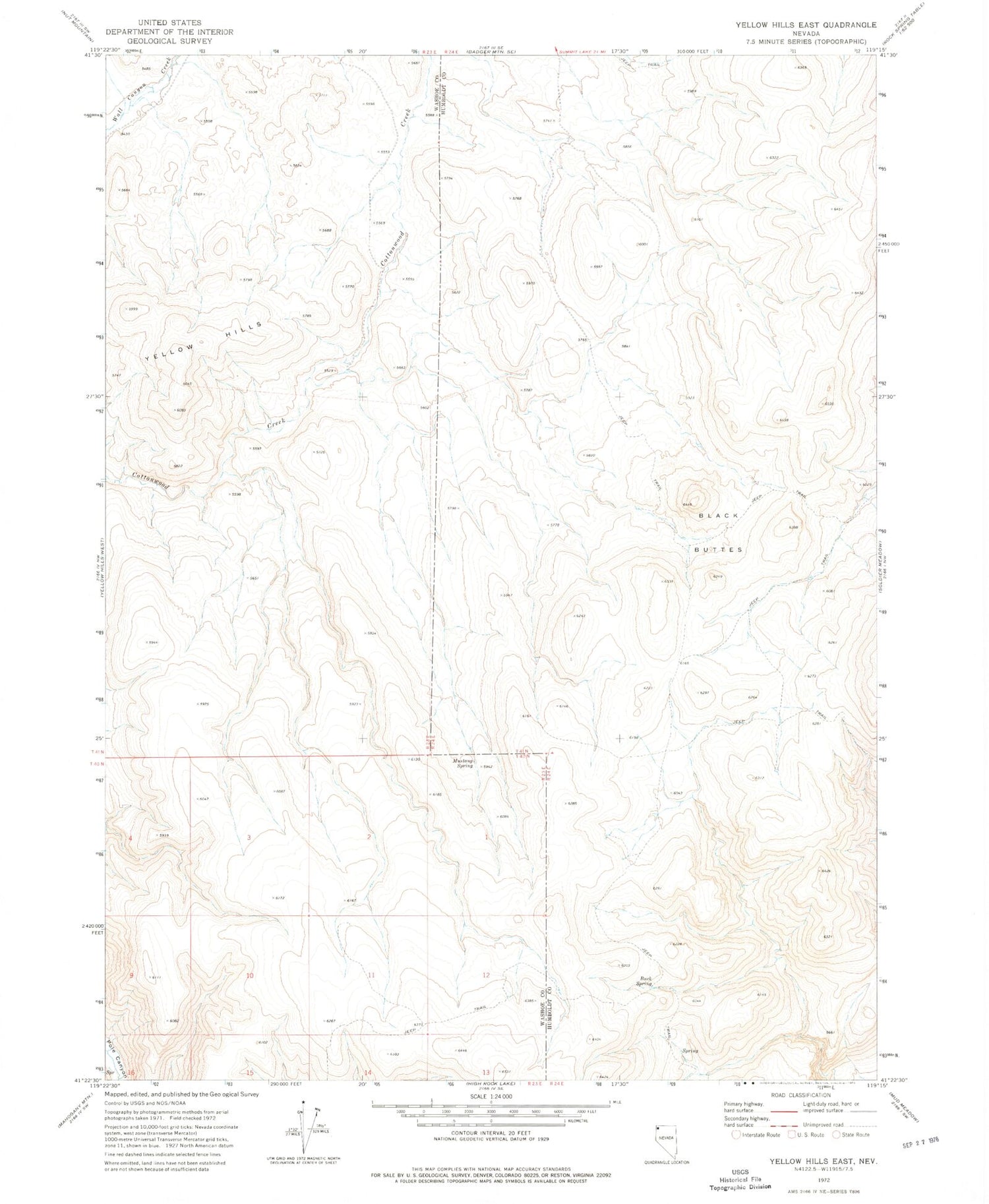 Classic USGS Yellow Hills East Nevada 7.5'x7.5' Topo Map Image