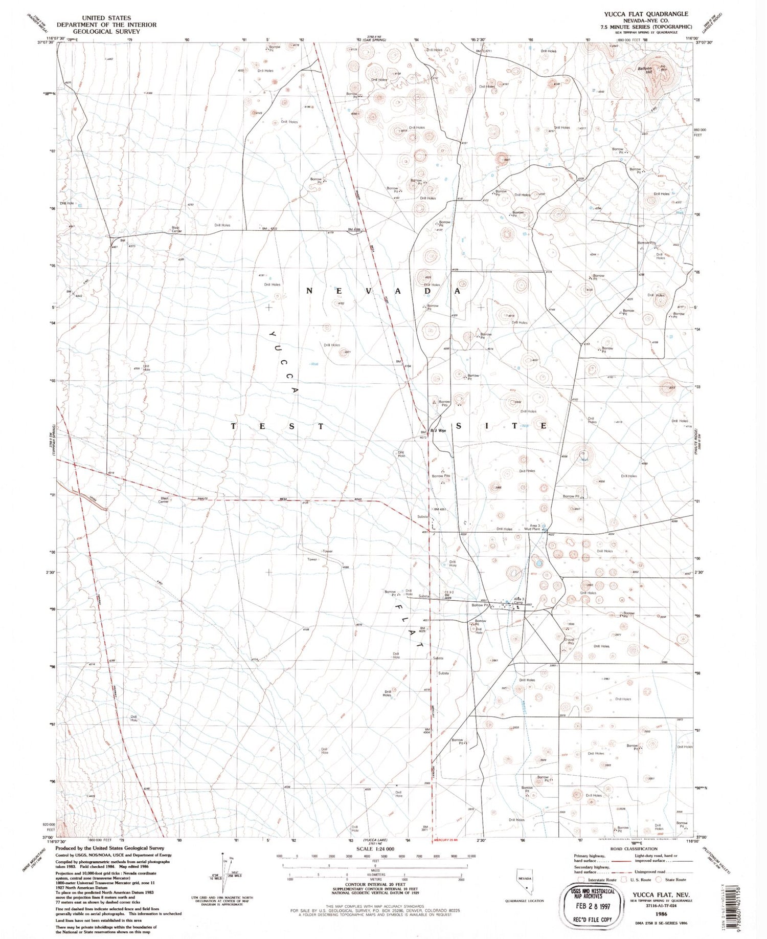 Classic USGS Yucca Flat Nevada 7.5'x7.5' Topo Map Image