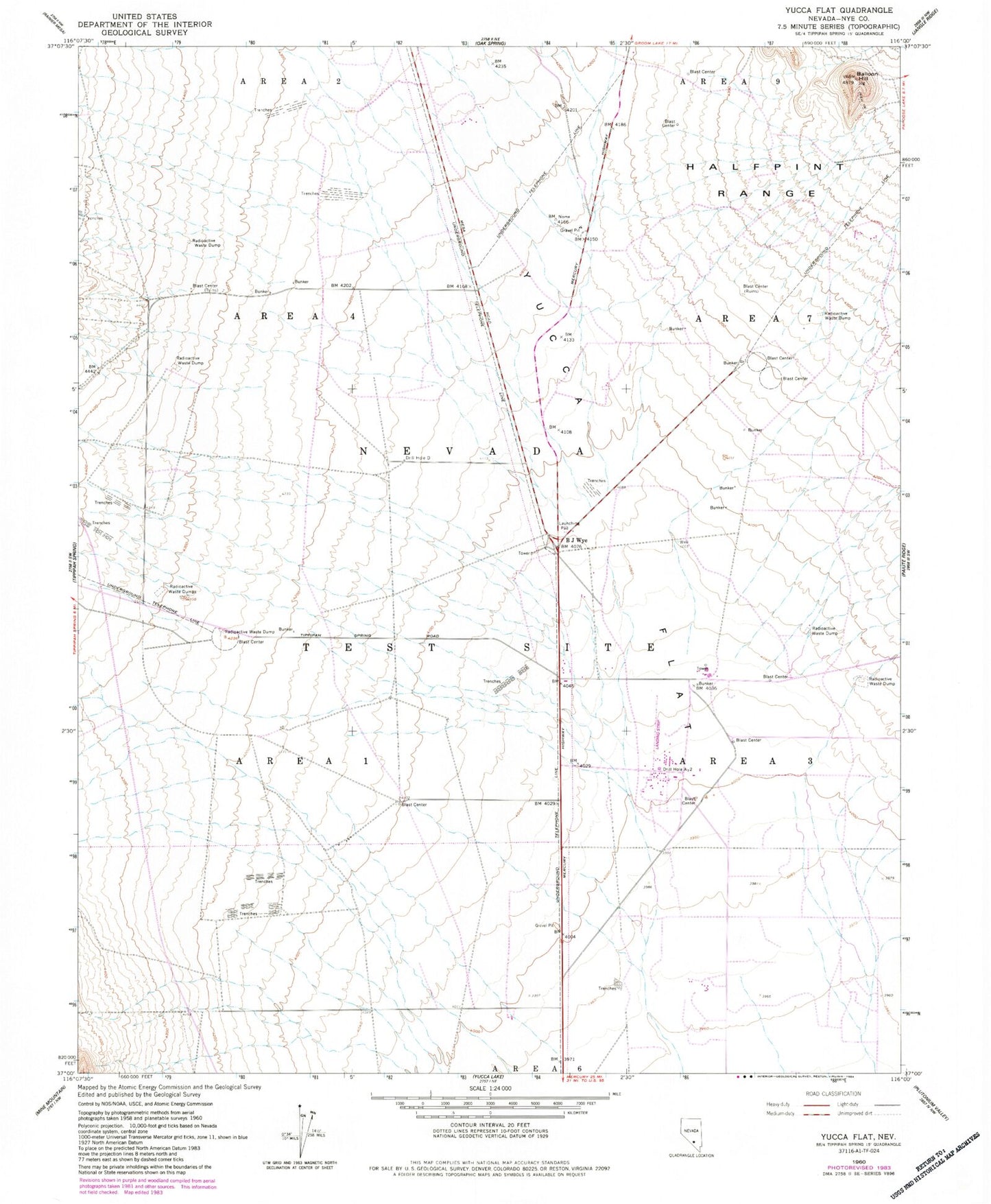 Classic USGS Yucca Flat Nevada 7.5'x7.5' Topo Map Image