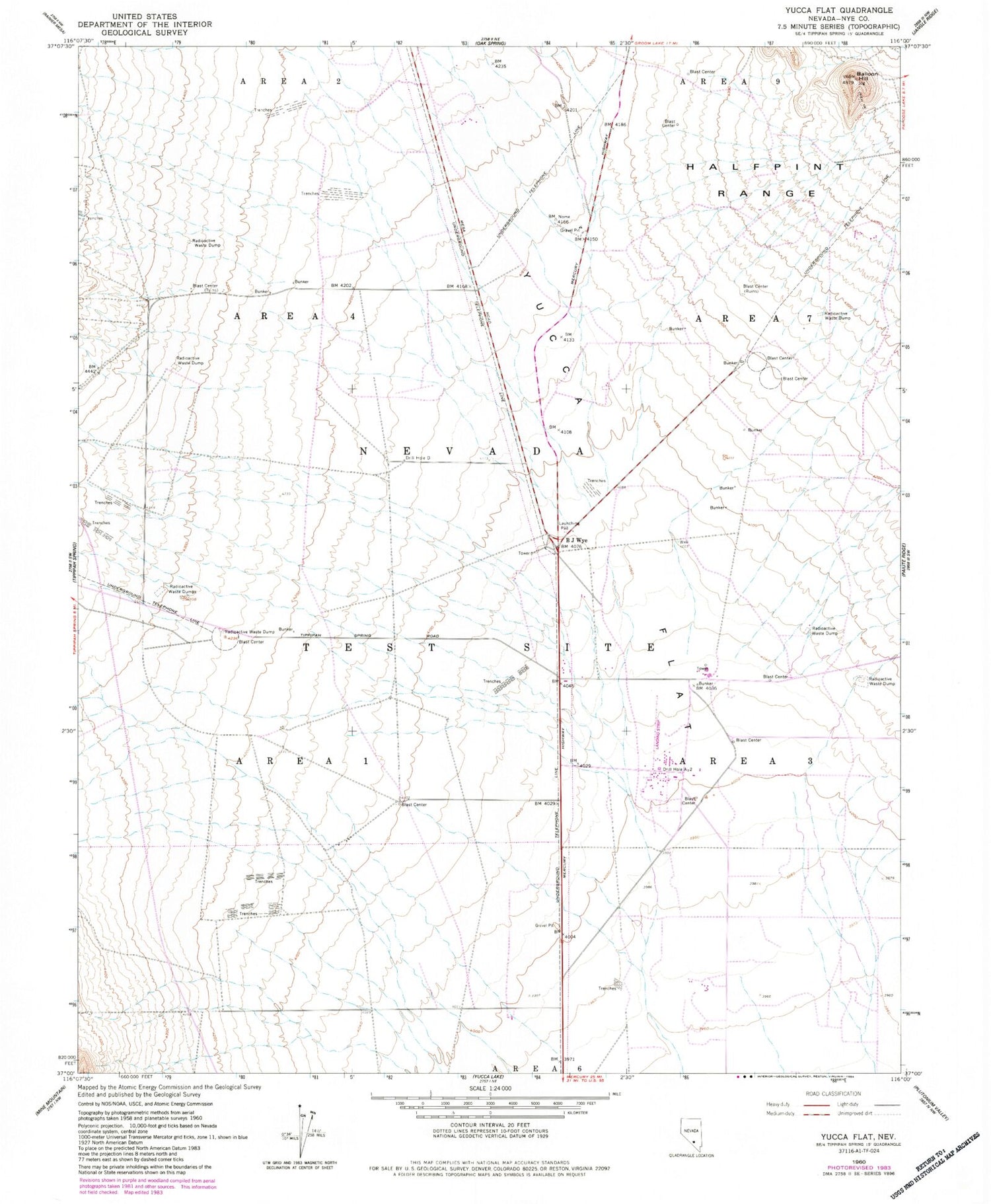 Classic USGS Yucca Flat Nevada 7.5'x7.5' Topo Map Image