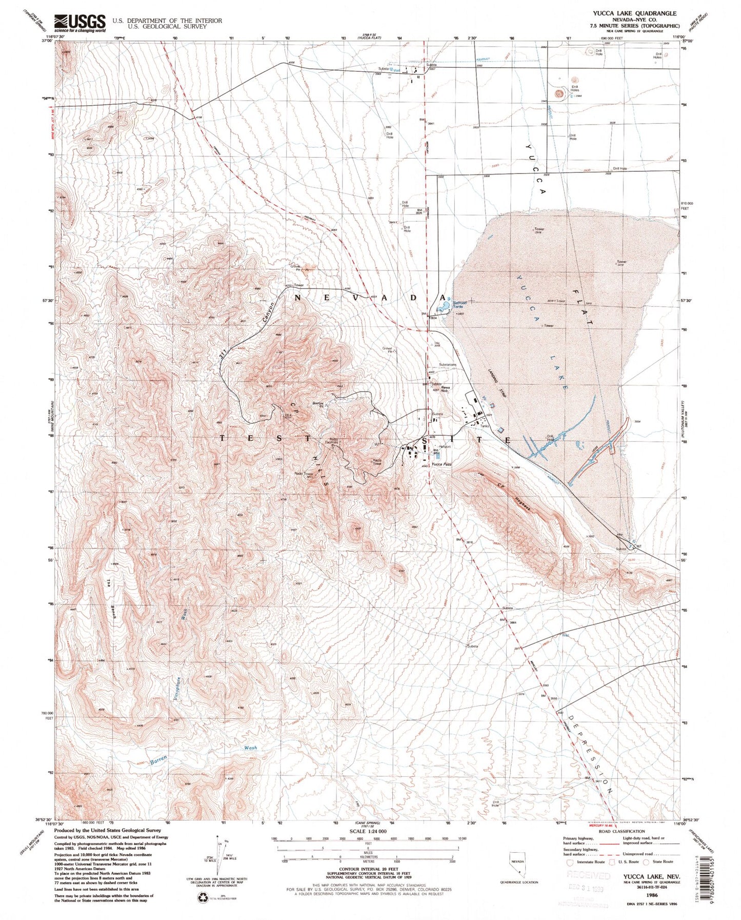 Classic USGS Yucca Lake Nevada 7.5'x7.5' Topo Map Image