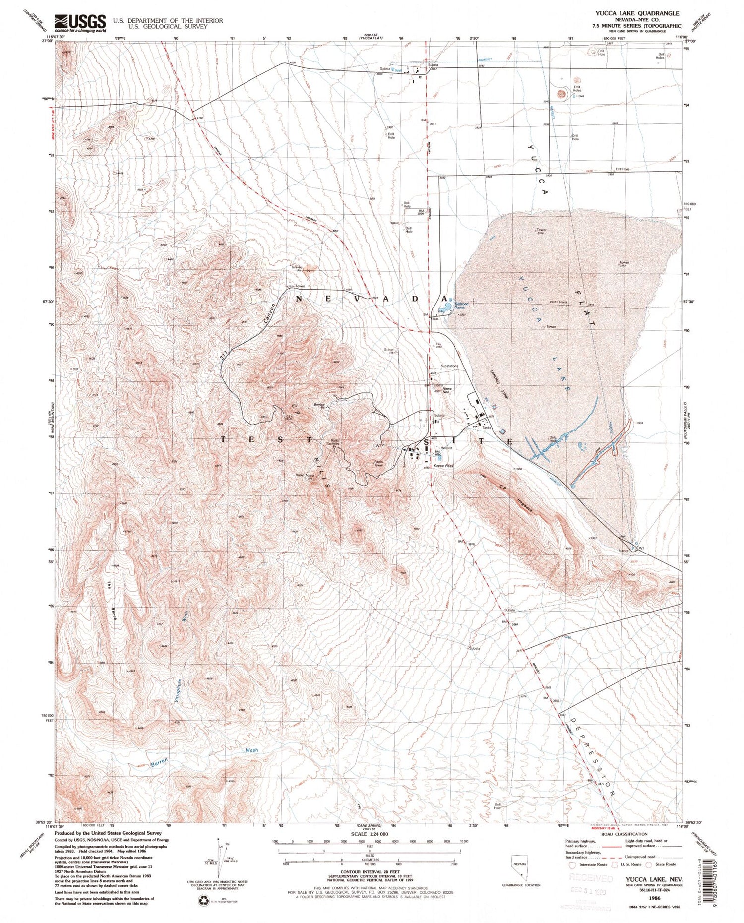 Classic USGS Yucca Lake Nevada 7.5'x7.5' Topo Map Image