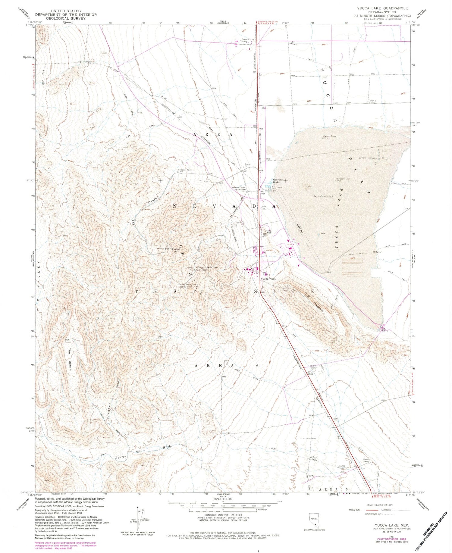 Classic USGS Yucca Lake Nevada 7.5'x7.5' Topo Map Image