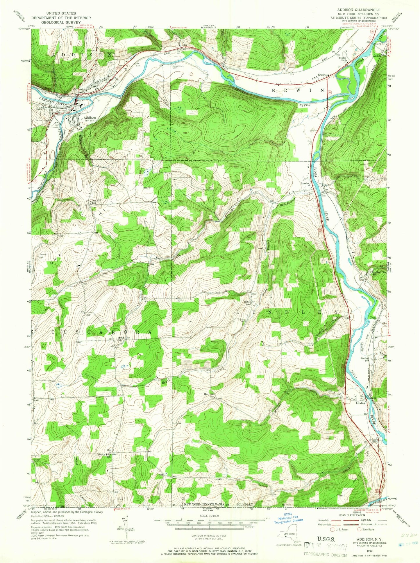 Classic USGS Addison New York 7.5'x7.5' Topo Map Image