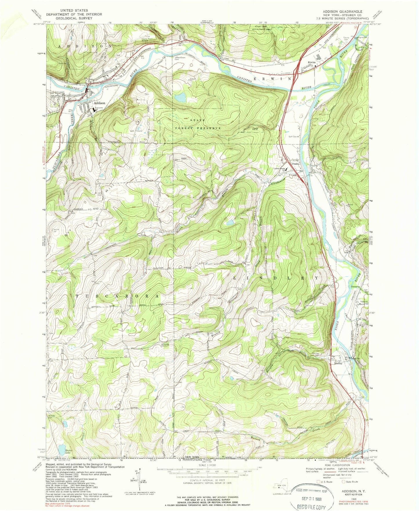 Classic USGS Addison New York 7.5'x7.5' Topo Map Image