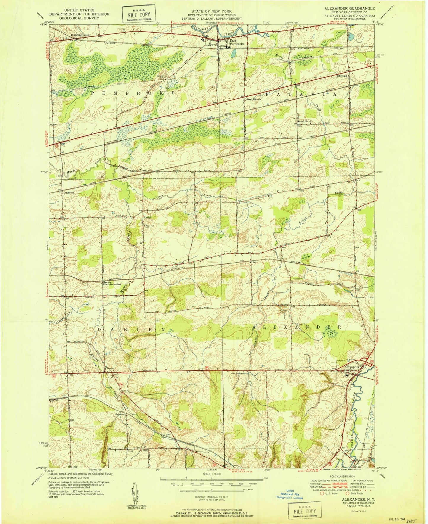 Classic USGS Alexander New York 7.5'x7.5' Topo Map Image