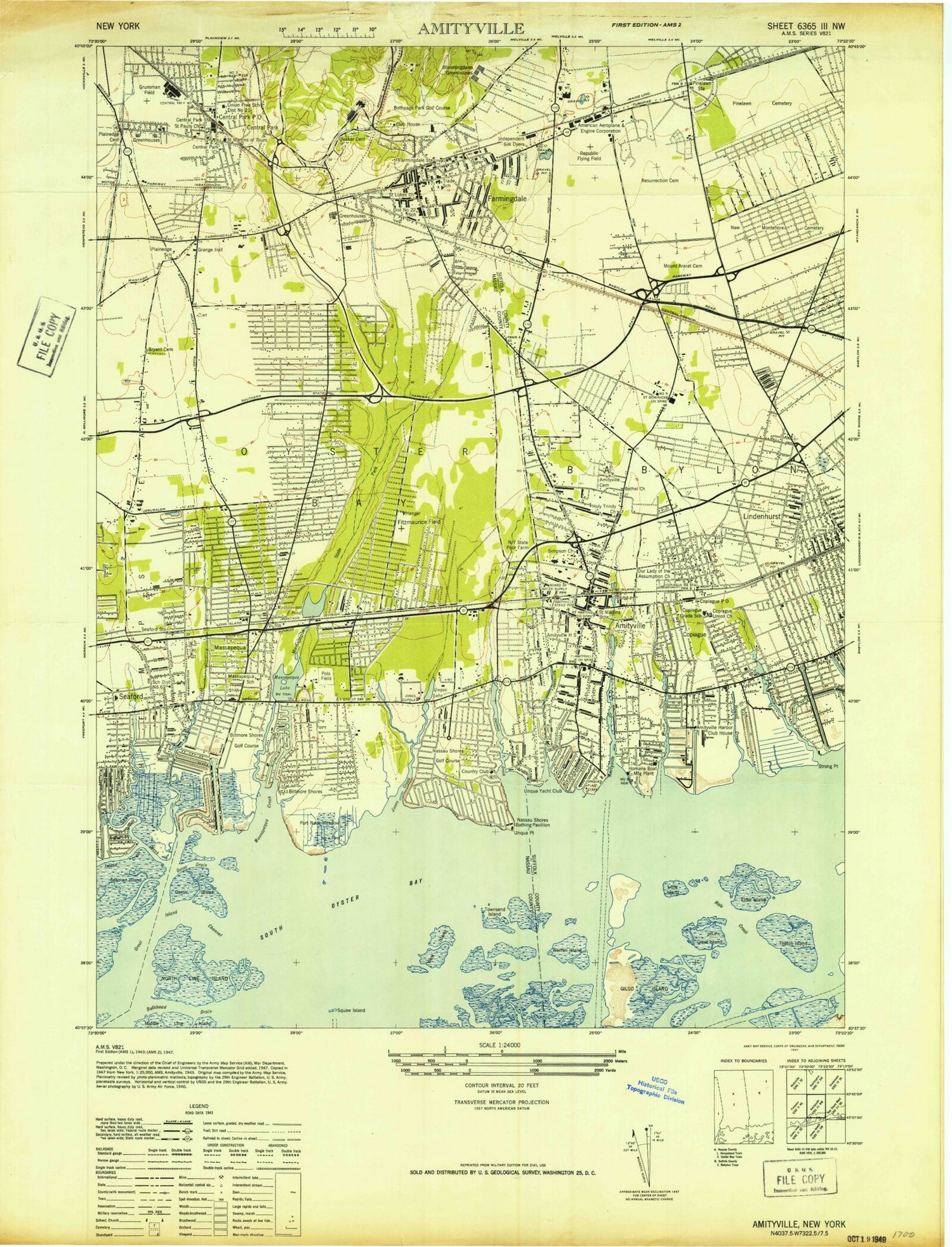 Classic USGS Amityville New York 7.5'x7.5' Topo Map Image
