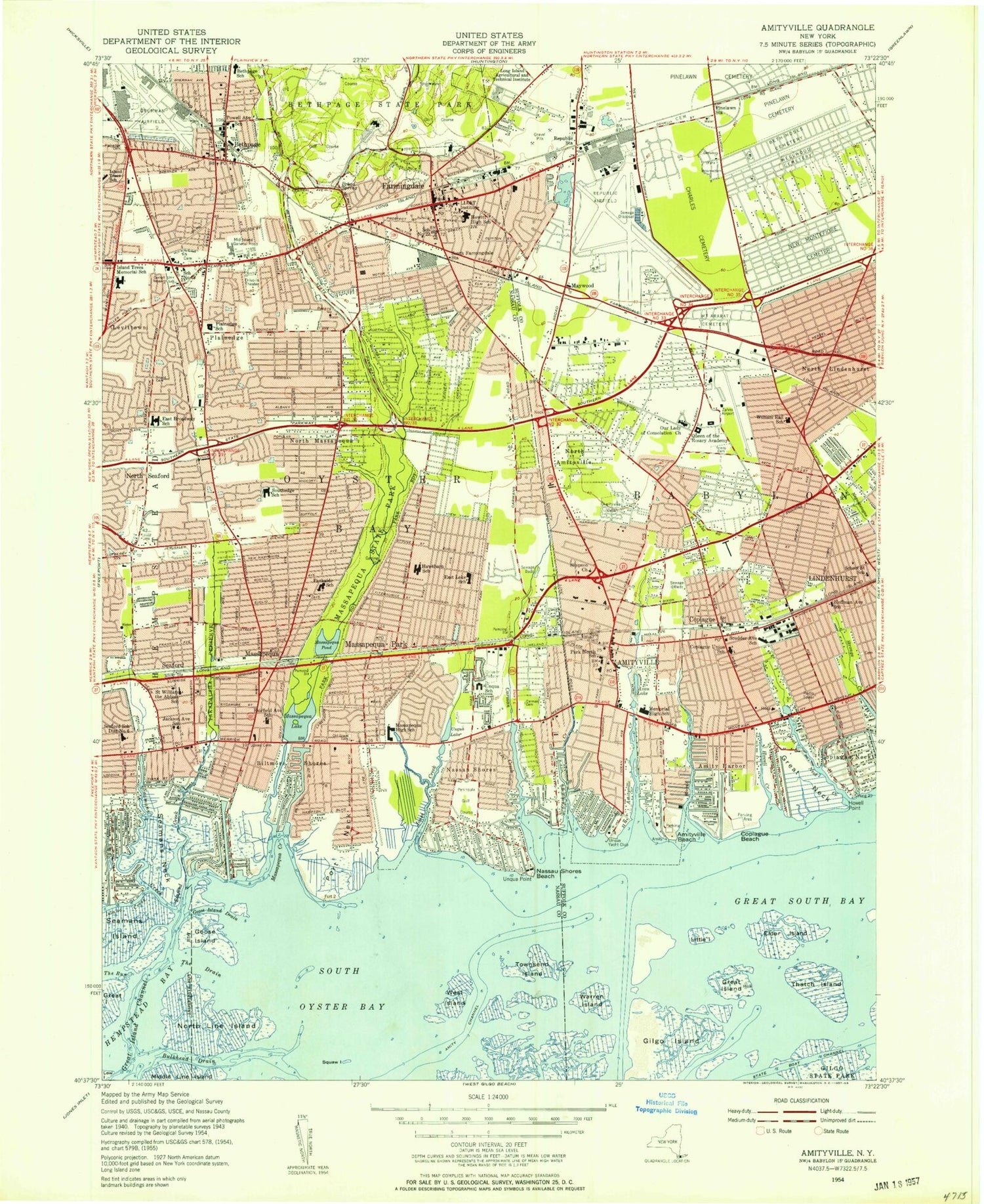 Classic USGS Amityville New York 7.5'x7.5' Topo Map Image