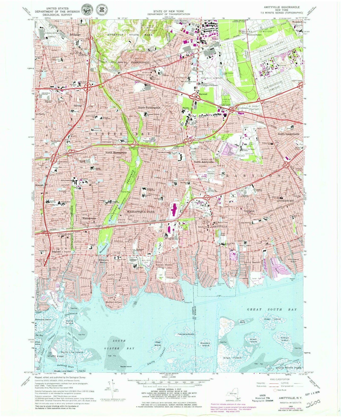 Classic USGS Amityville New York 7.5'x7.5' Topo Map Image