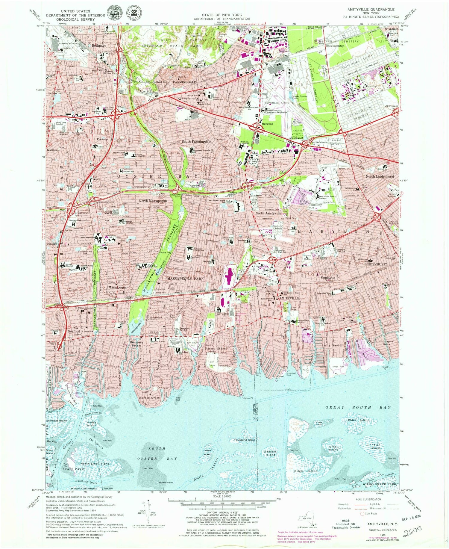 Classic USGS Amityville New York 7.5'x7.5' Topo Map Image