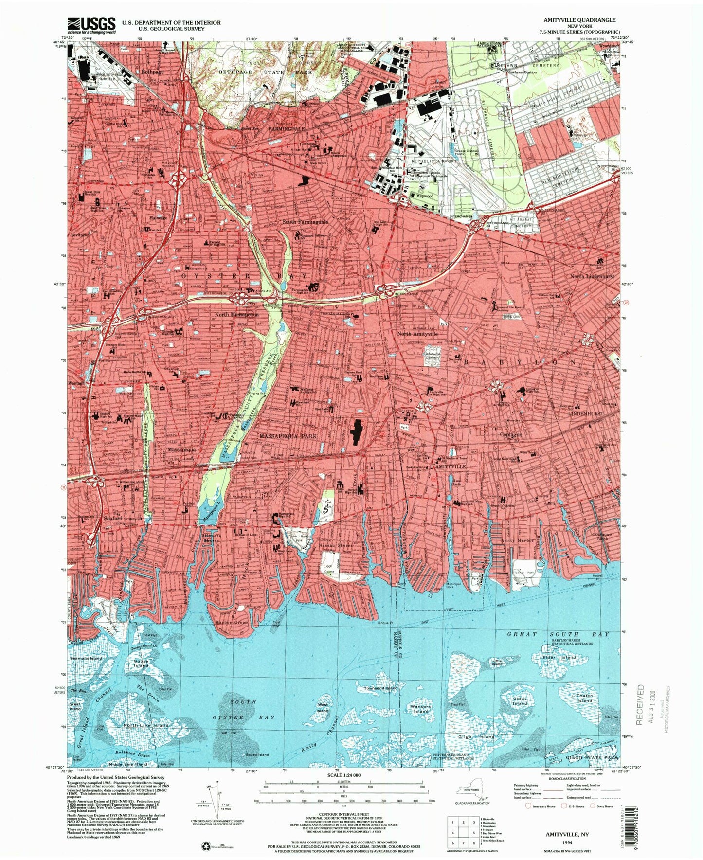 Classic USGS Amityville New York 7.5'x7.5' Topo Map Image