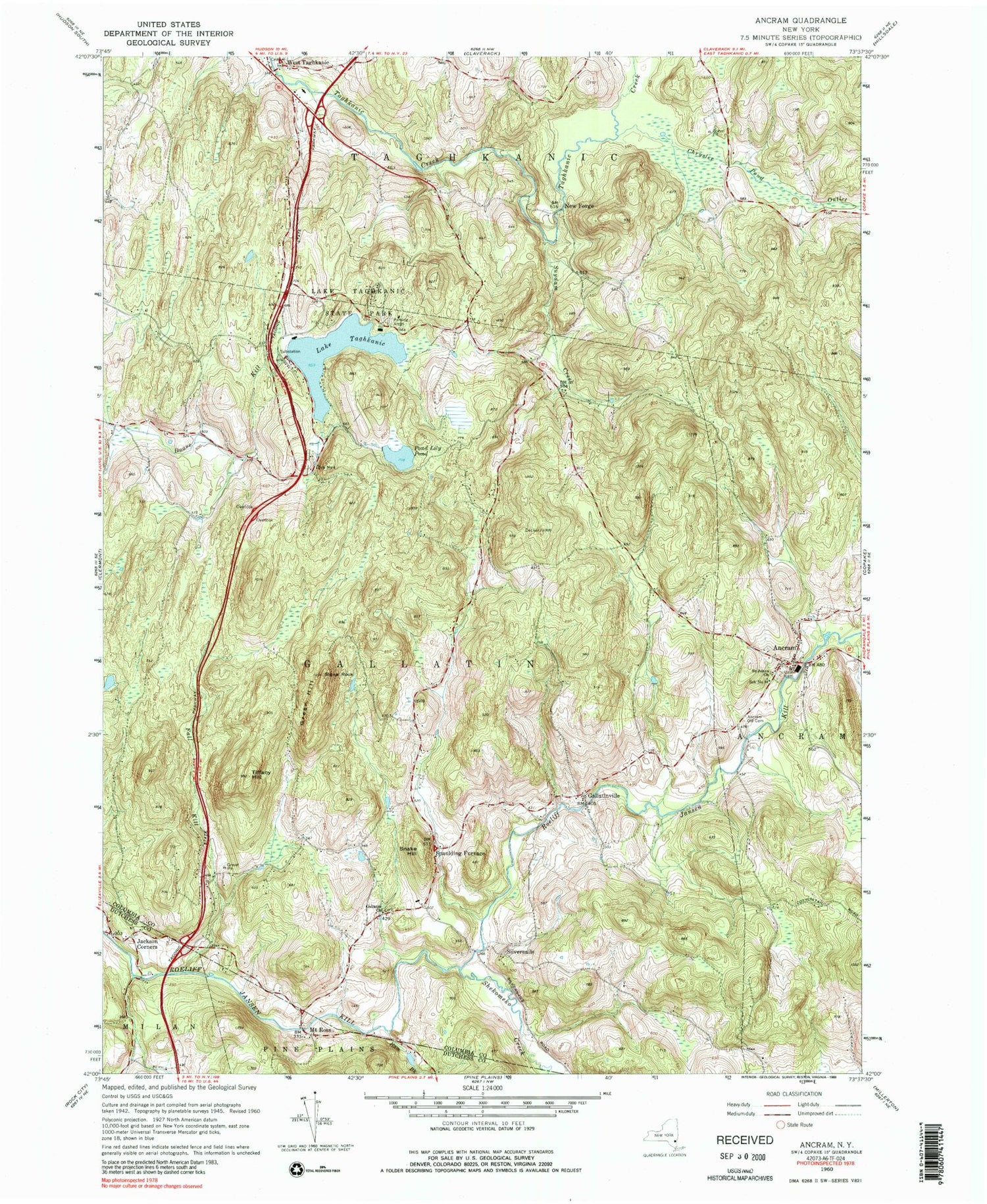Classic USGS Ancram New York 7.5'x7.5' Topo Map Image