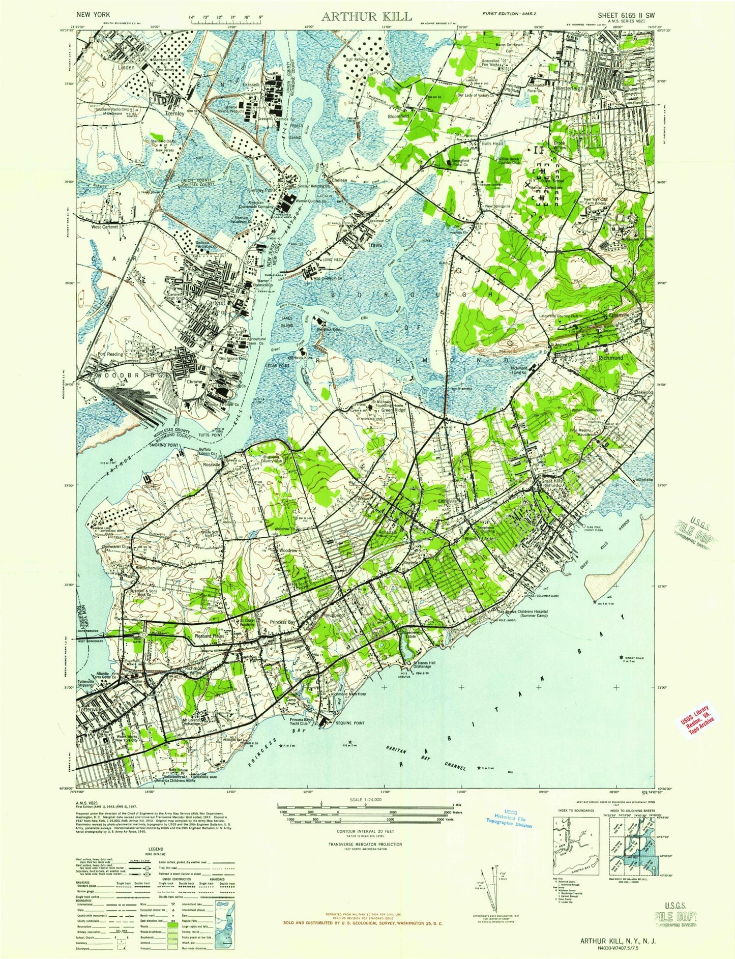 Classic USGS Arthur Kill New York 7.5'x7.5' Topo Map Image