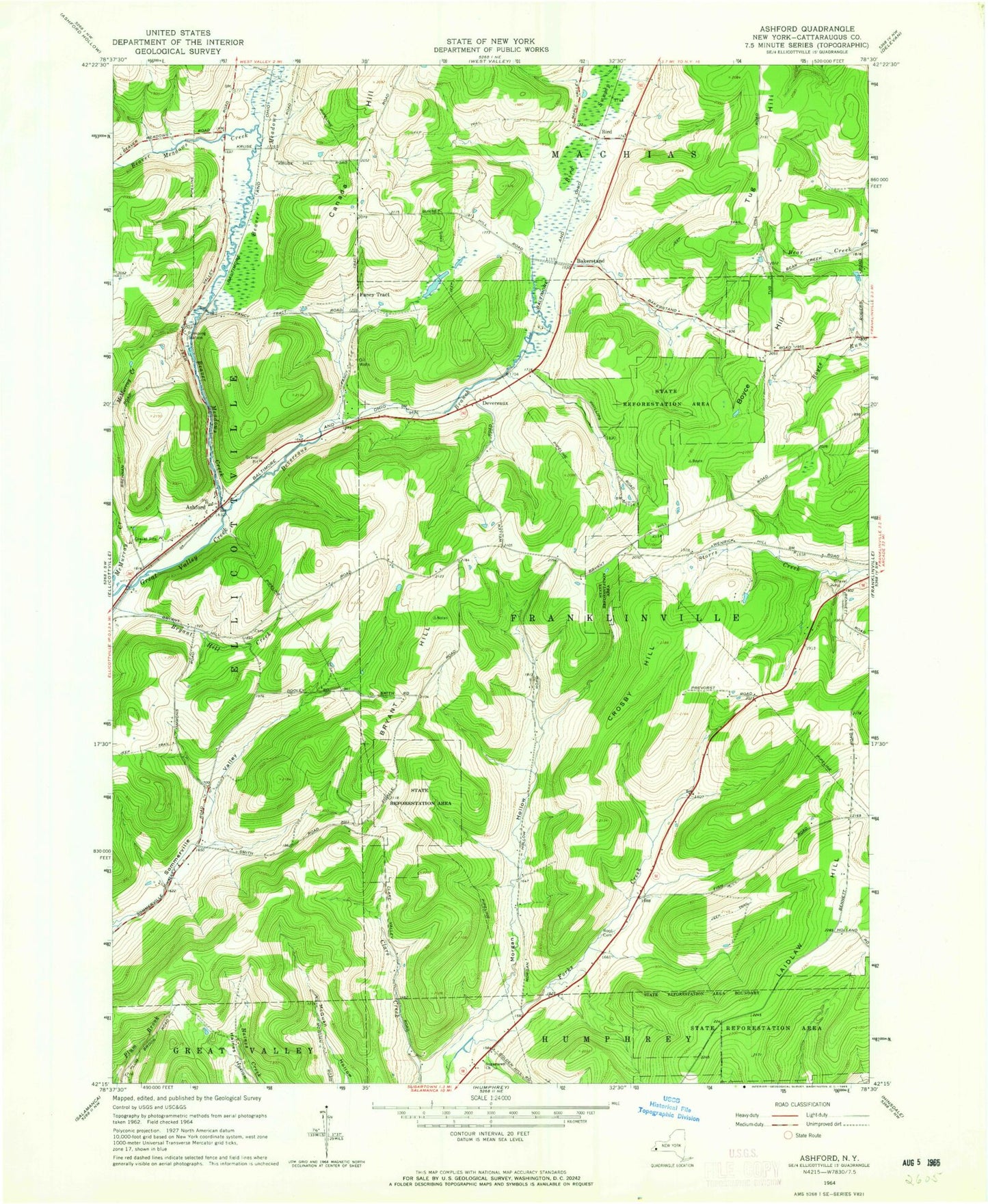 Classic USGS Ashford New York 7.5'x7.5' Topo Map Image