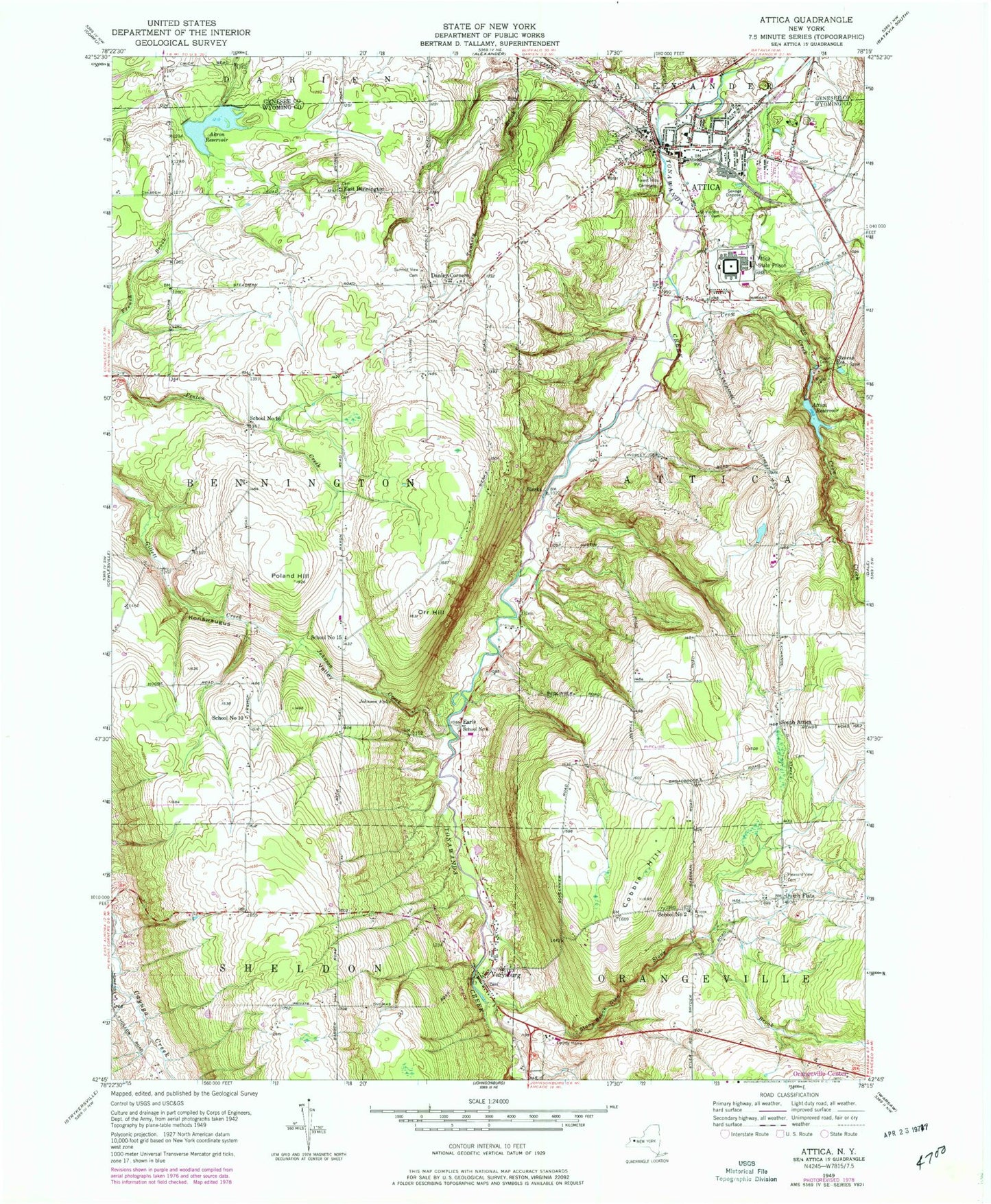 Classic USGS Attica New York 7.5'x7.5' Topo Map Image