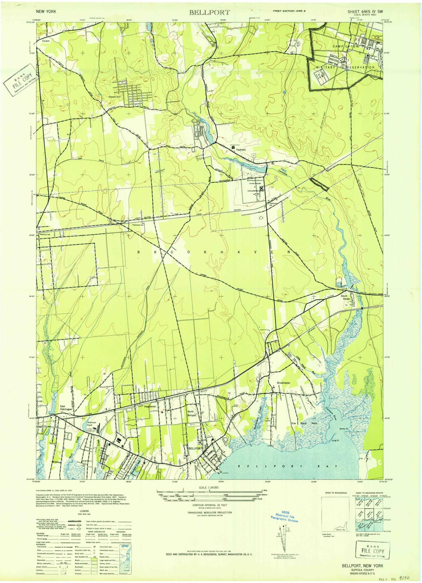 Classic USGS Bellport New York 7.5'x7.5' Topo Map Image