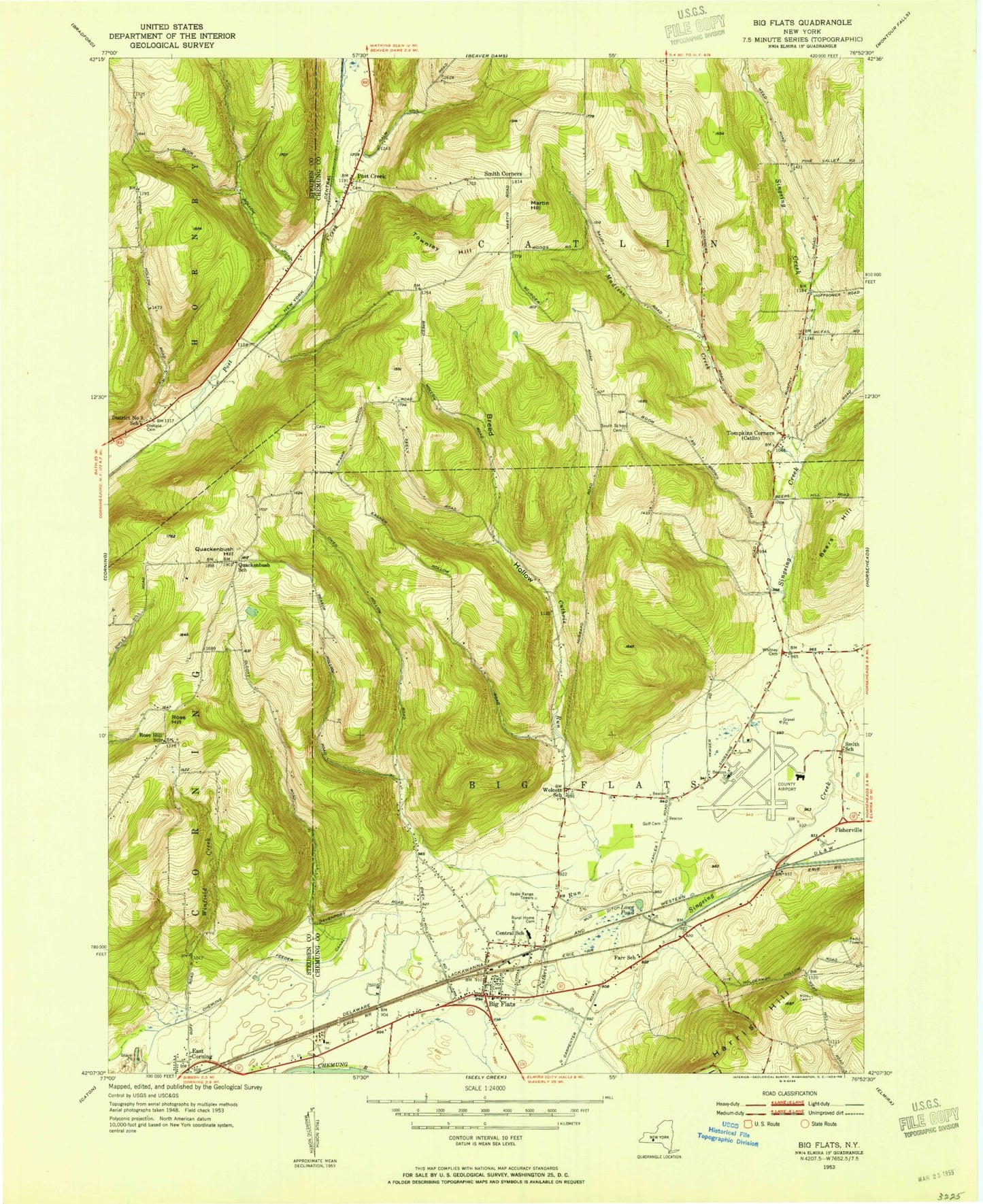 Classic USGS Big Flats New York 7.5'x7.5' Topo Map Image