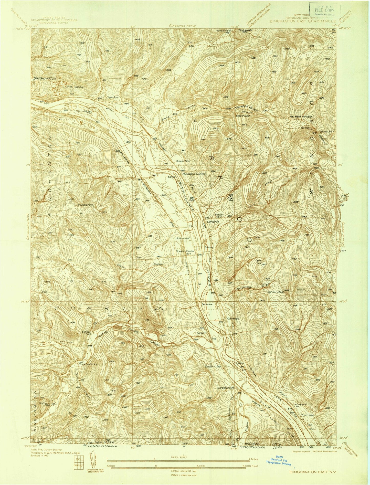 Classic USGS Binghamton East New York 7.5'x7.5' Topo Map Image