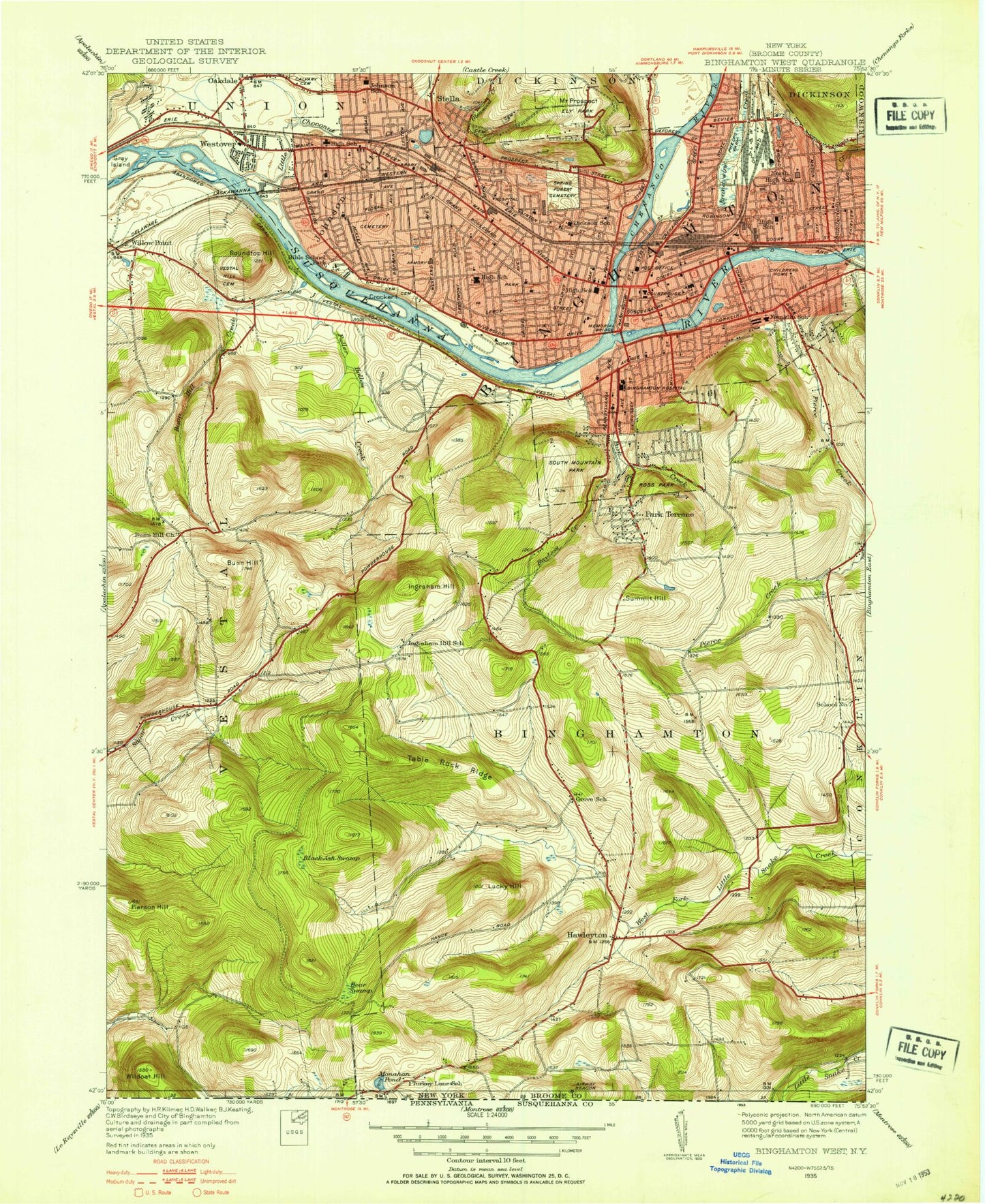 Classic USGS Binghamton West New York 7.5'x7.5' Topo Map Image