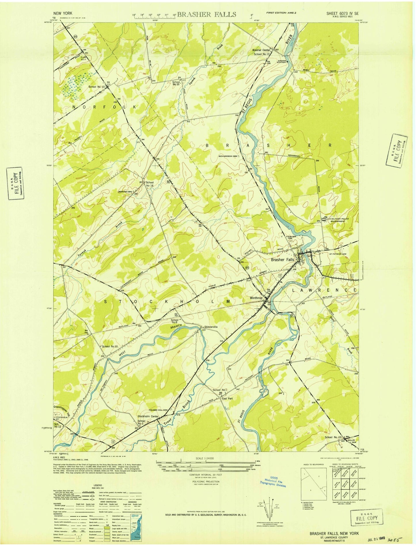 Classic USGS Brasher Falls New York 7.5'x7.5' Topo Map Image