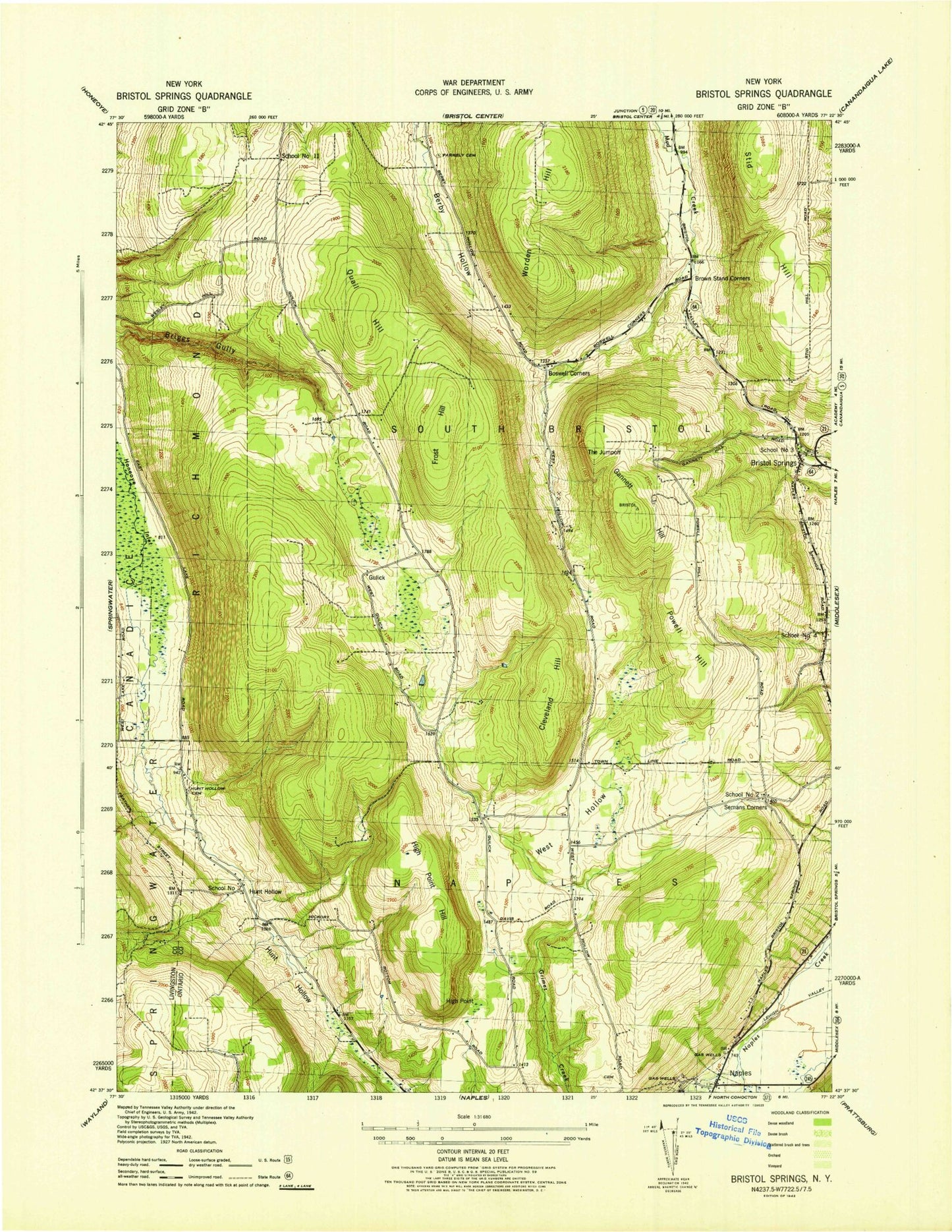 Classic USGS Bristol Springs New York 7.5'x7.5' Topo Map Image