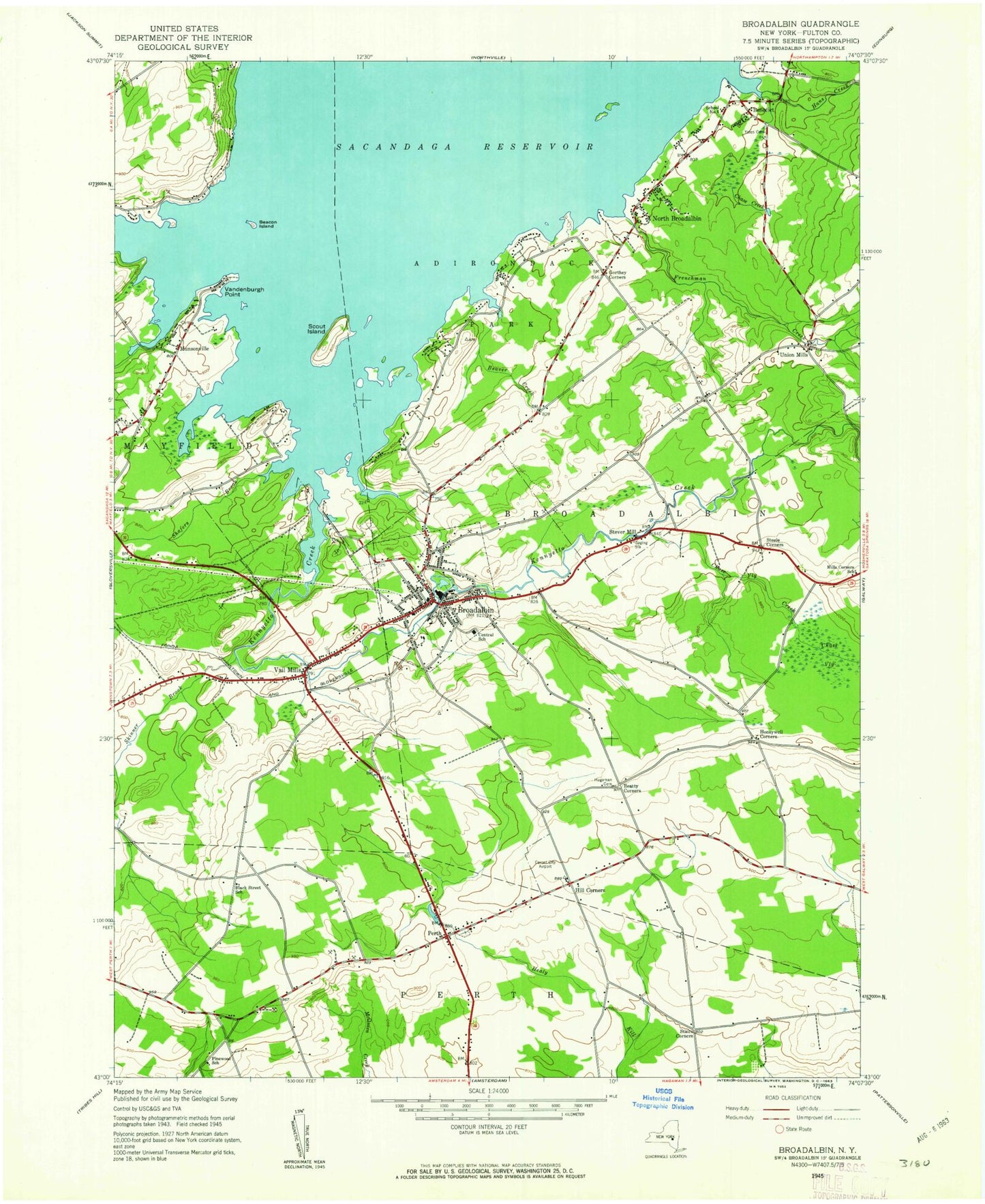 Classic USGS Broadalbin New York 7.5'x7.5' Topo Map Image