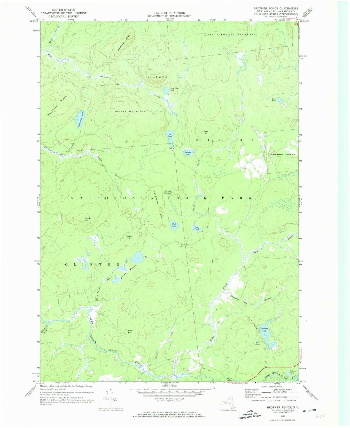 Classic USGS Brother Ponds New York 7.5'x7.5' Topo Map Image