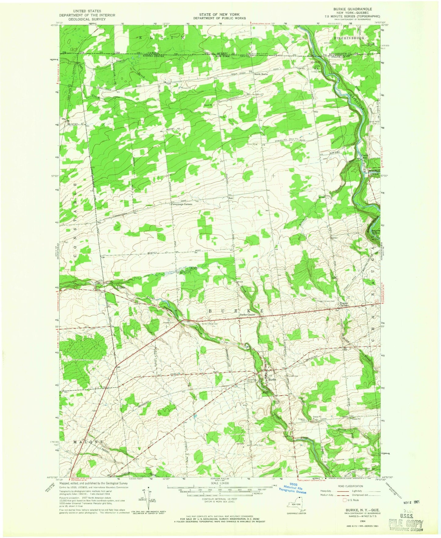 Classic USGS Burke New York 7.5'x7.5' Topo Map Image