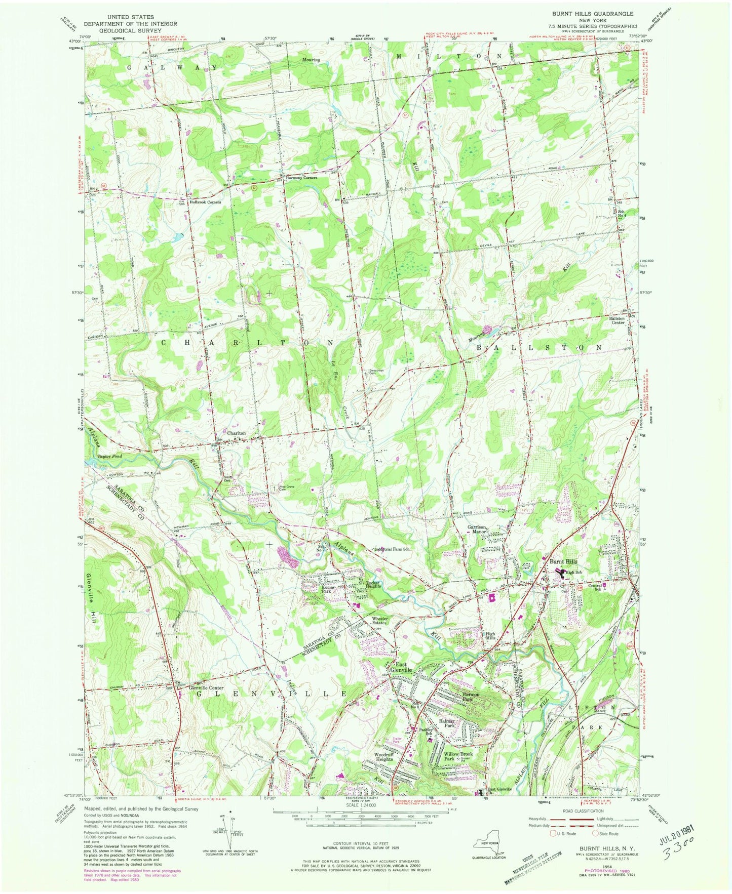 Classic USGS Burnt Hills New York 7.5'x7.5' Topo Map Image
