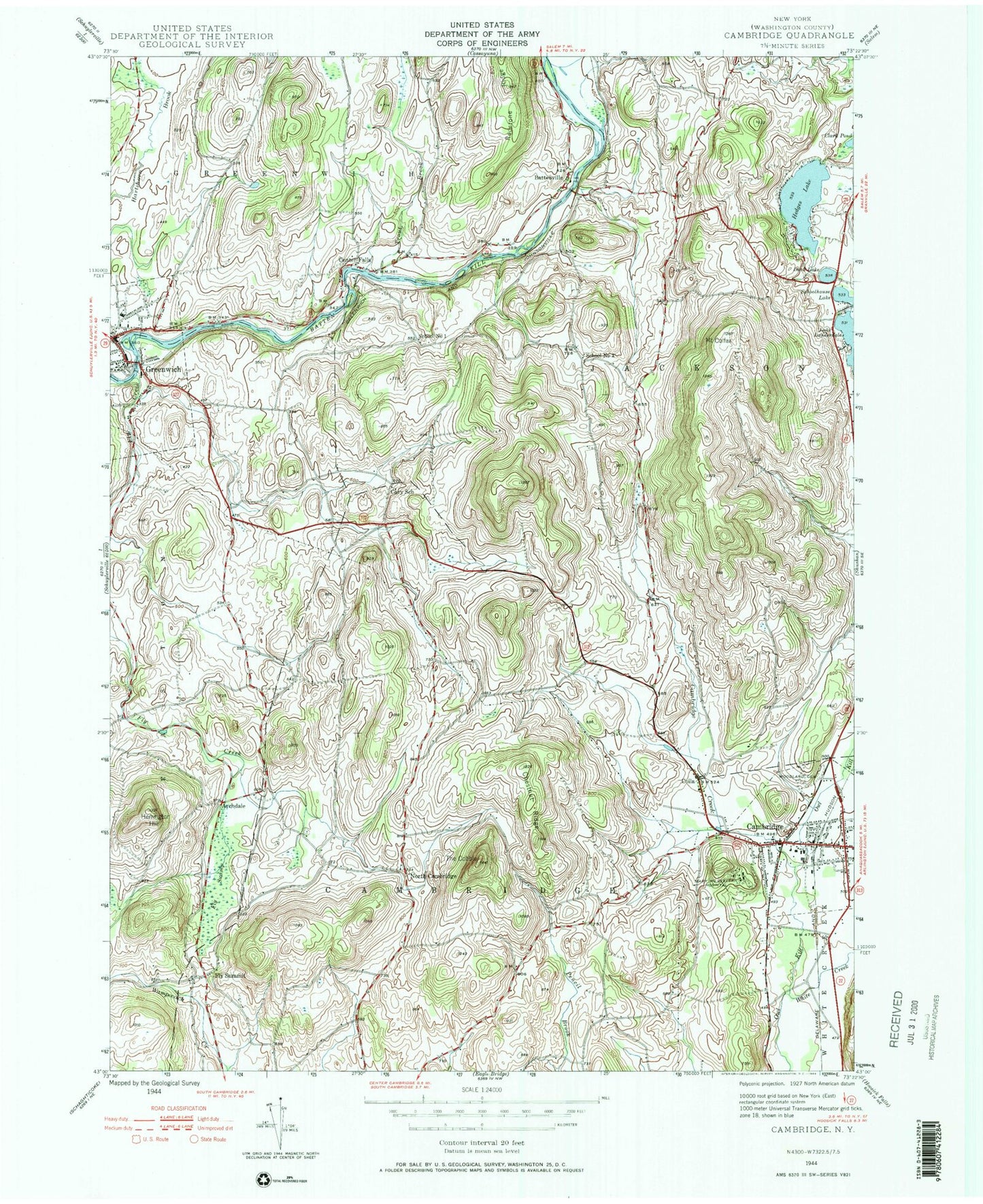 Classic USGS Cambridge New York 7.5'x7.5' Topo Map Image