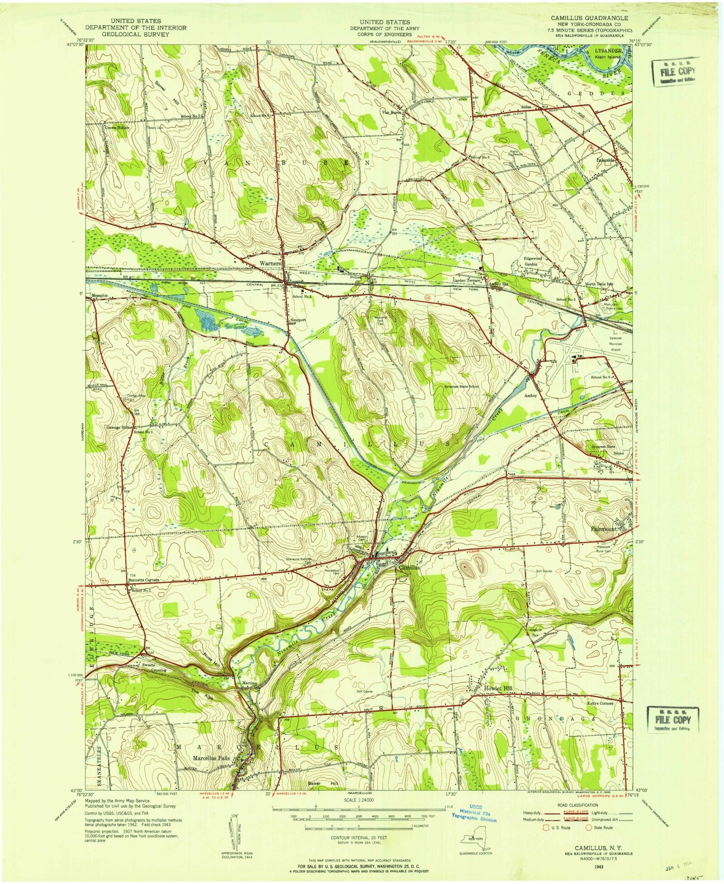 Classic USGS Camillus New York 7.5'x7.5' Topo Map Image