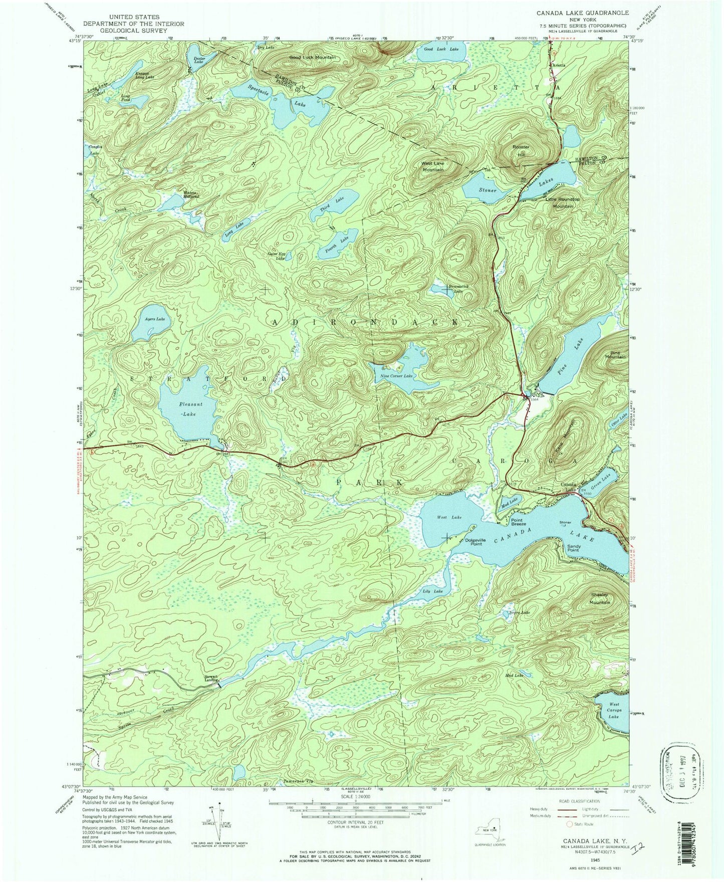 Classic USGS Canada Lake New York 7.5'x7.5' Topo Map Image