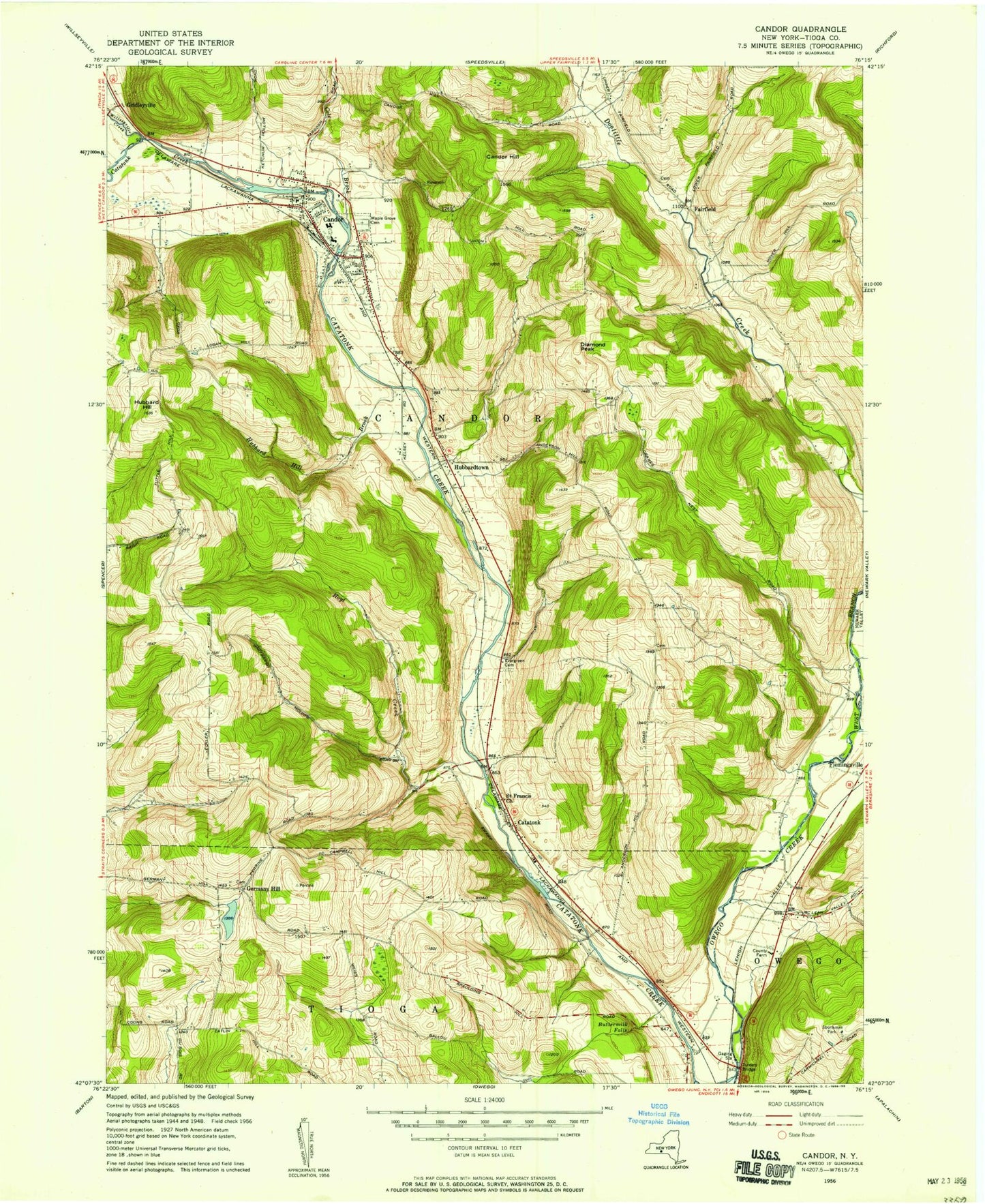 Classic USGS Candor New York 7.5'x7.5' Topo Map Image