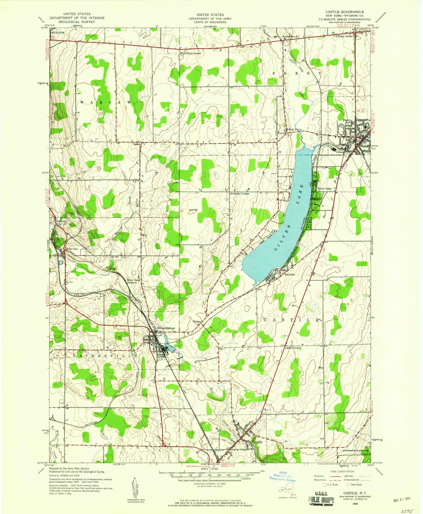 Classic USGS Castile New York 7.5'x7.5' Topo Map Image