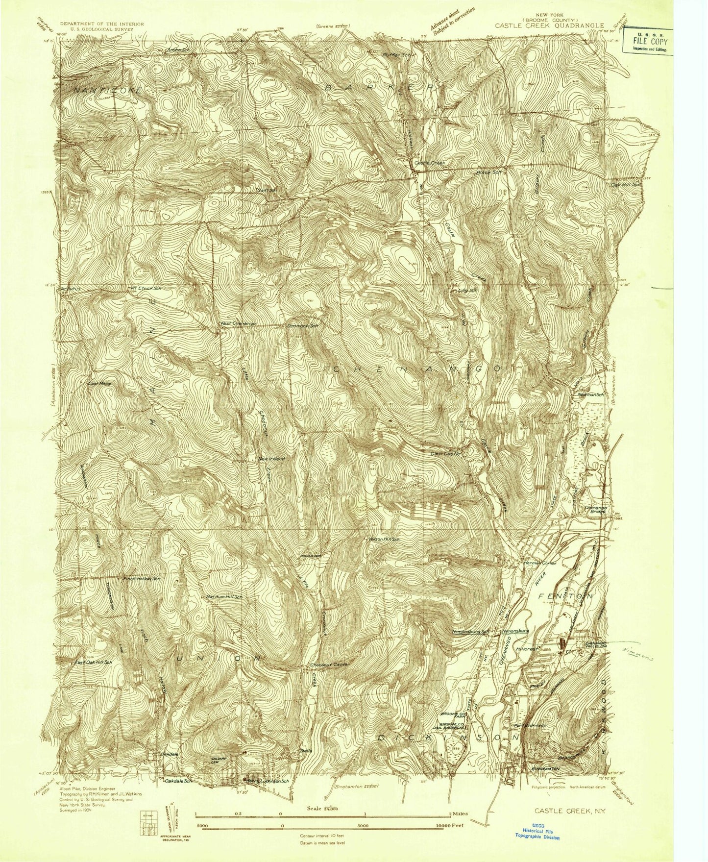 Classic USGS Castle Creek New York 7.5'x7.5' Topo Map Image