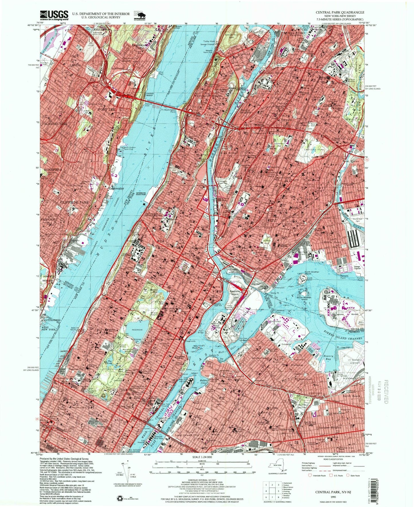 USGS Classic Central Park New York 7.5'x7.5' Topo Map Image