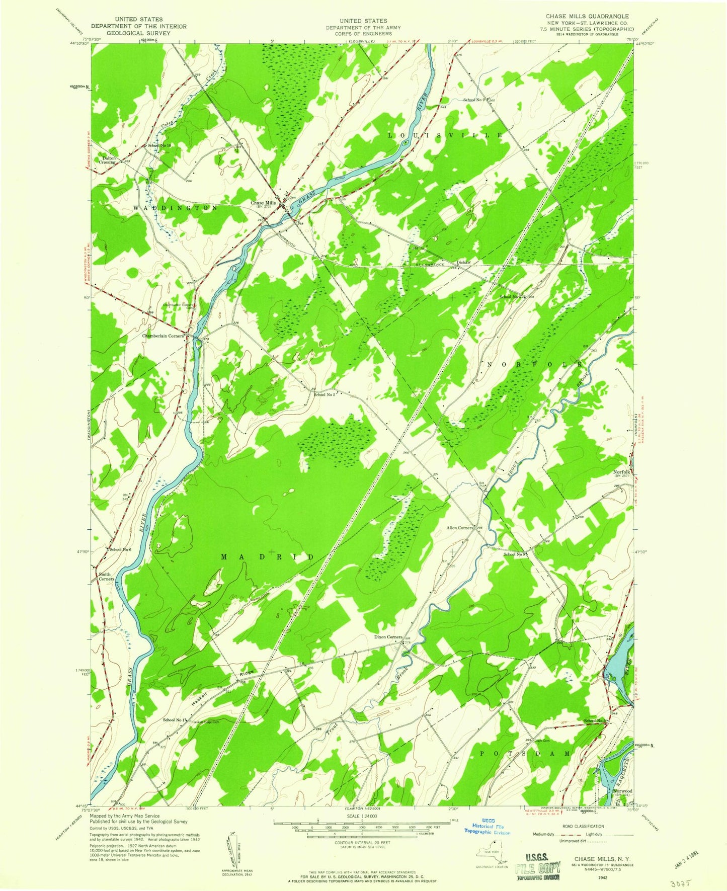 Classic USGS Chase Mills New York 7.5'x7.5' Topo Map Image