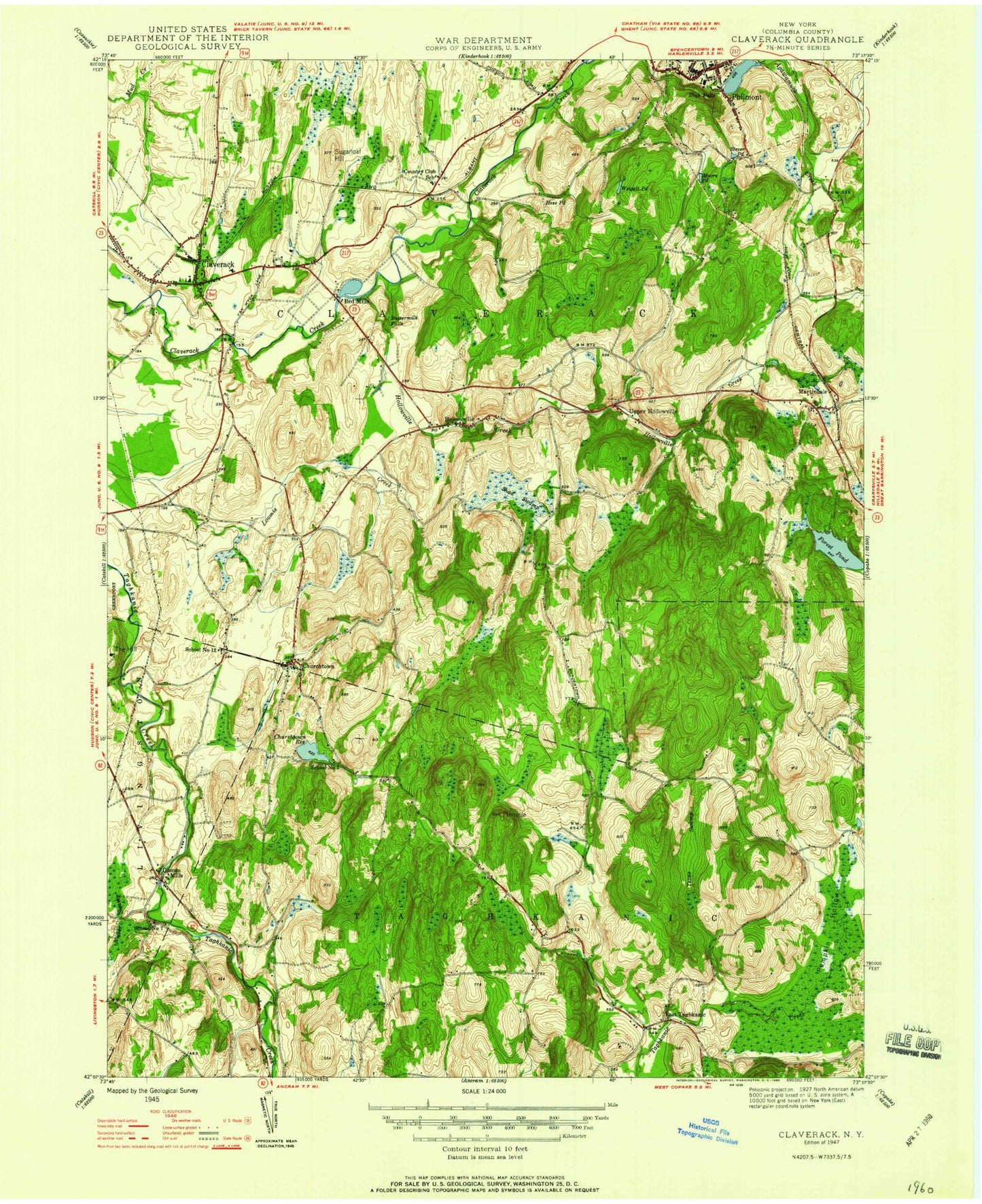 Classic USGS Claverack New York 7.5'x7.5' Topo Map Image