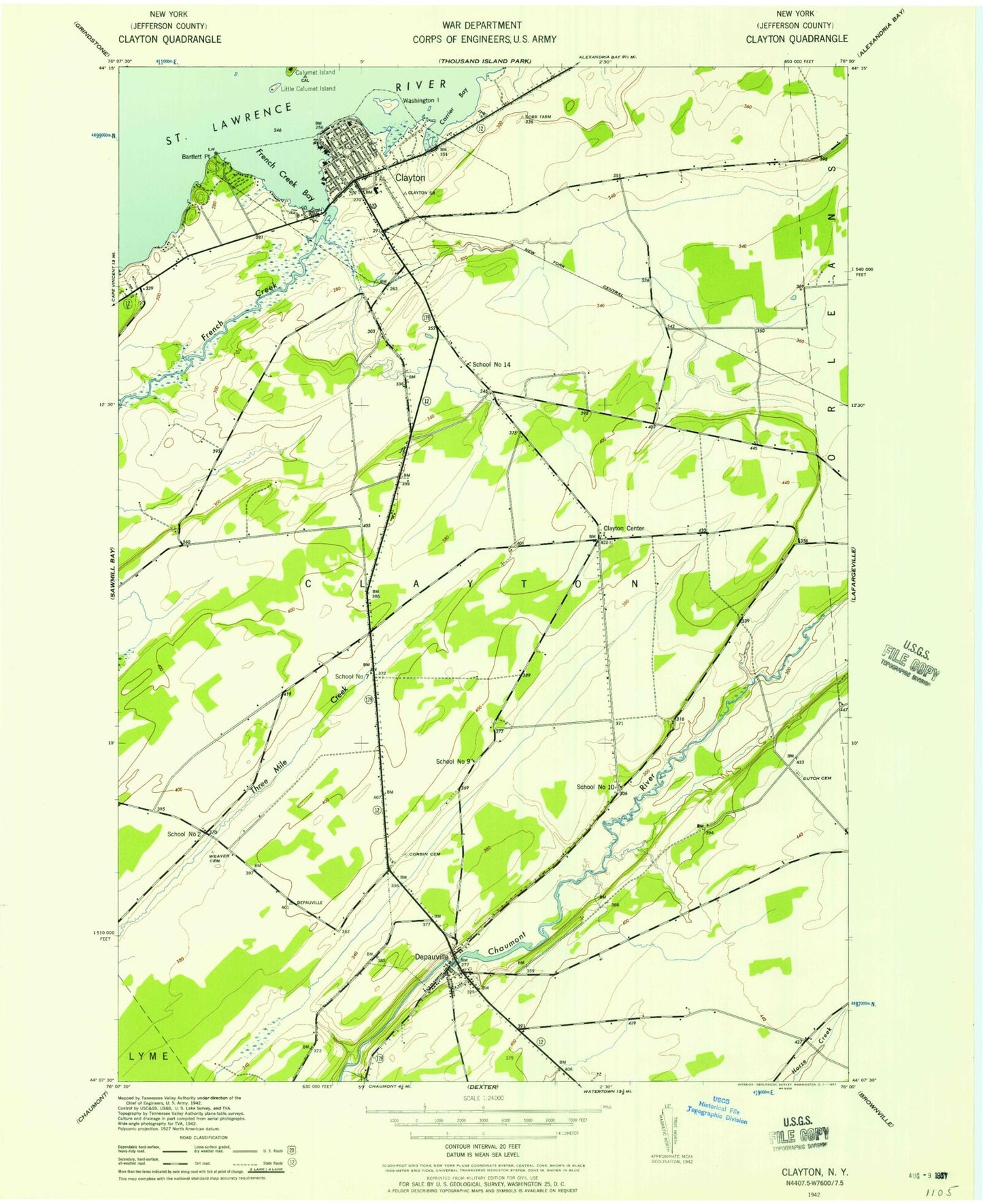 Classic USGS Clayton New York 7.5'x7.5' Topo Map Image