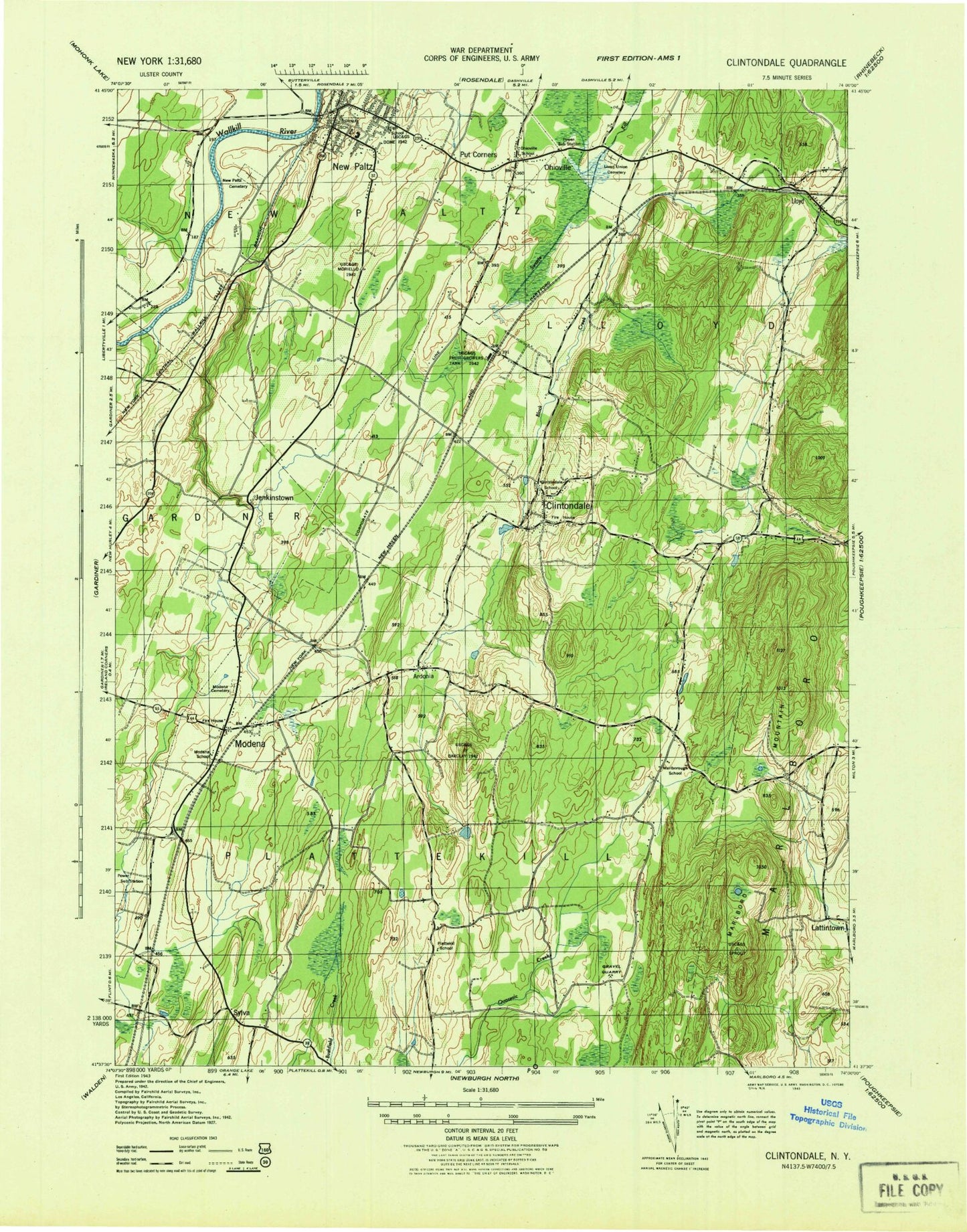 Classic USGS Clintondale New York 7.5'x7.5' Topo Map Image