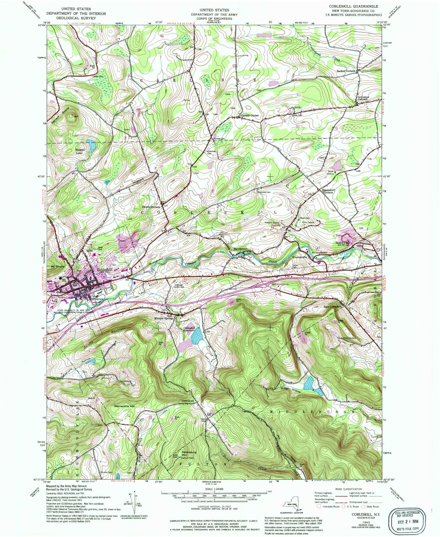Classic USGS Cobleskill New York 7.5'x7.5' Topo Map Image