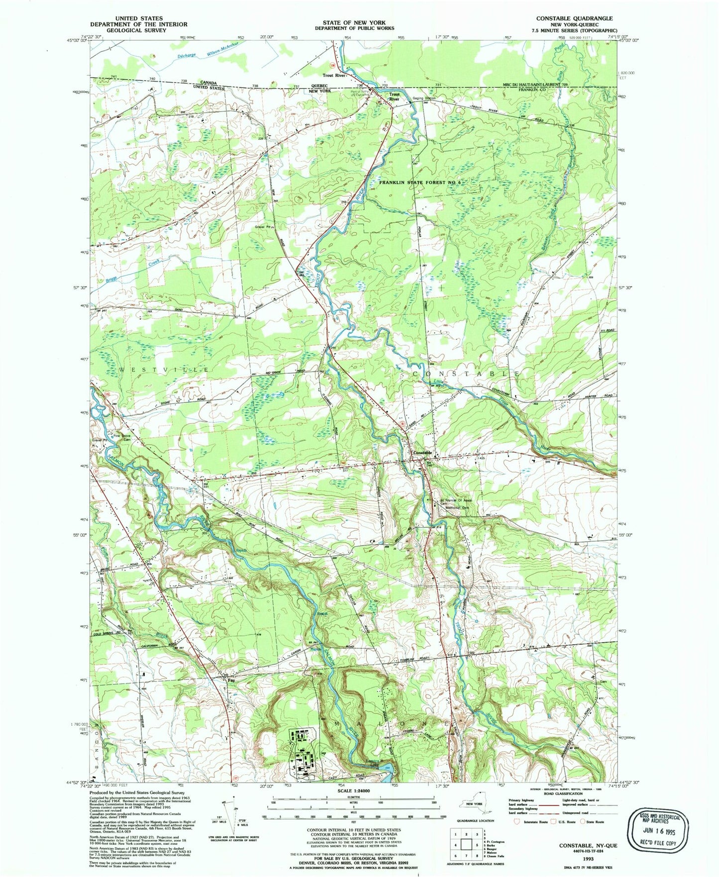 Classic USGS Constable New York 7.5'x7.5' Topo Map Image