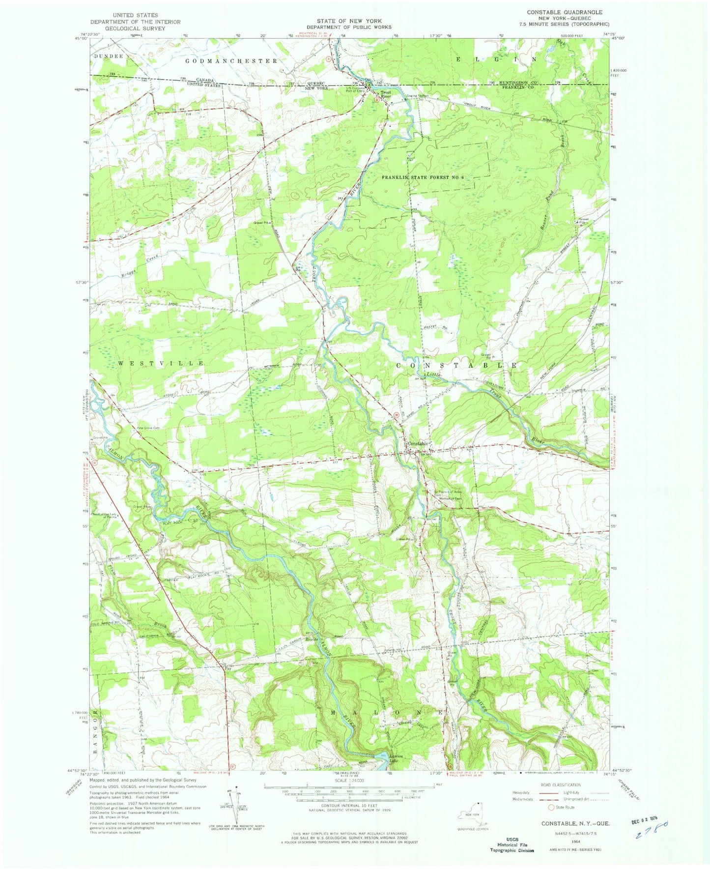 Classic USGS Constable New York 7.5'x7.5' Topo Map Image