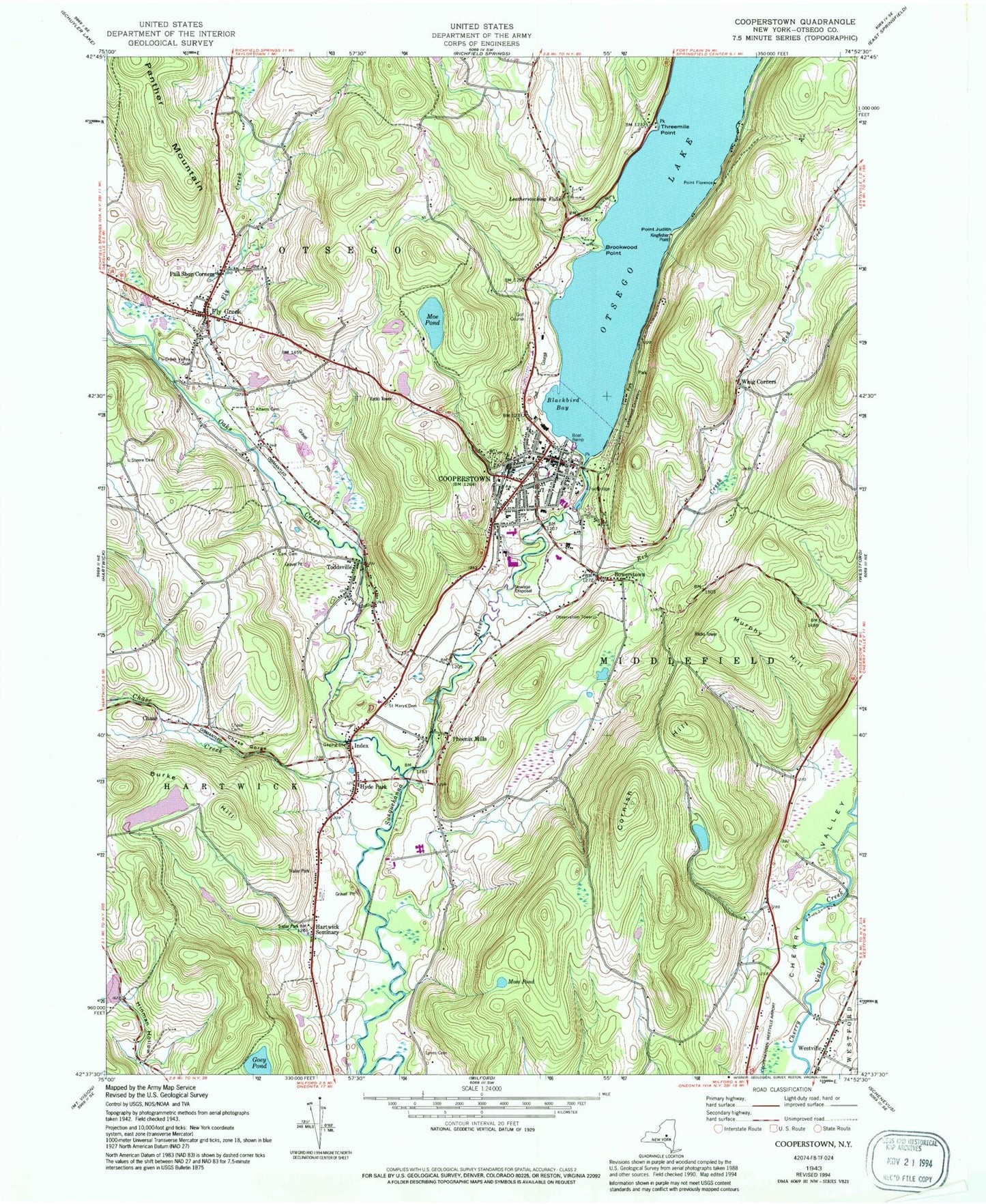 Classic USGS Cooperstown New York 7.5'x7.5' Topo Map Image